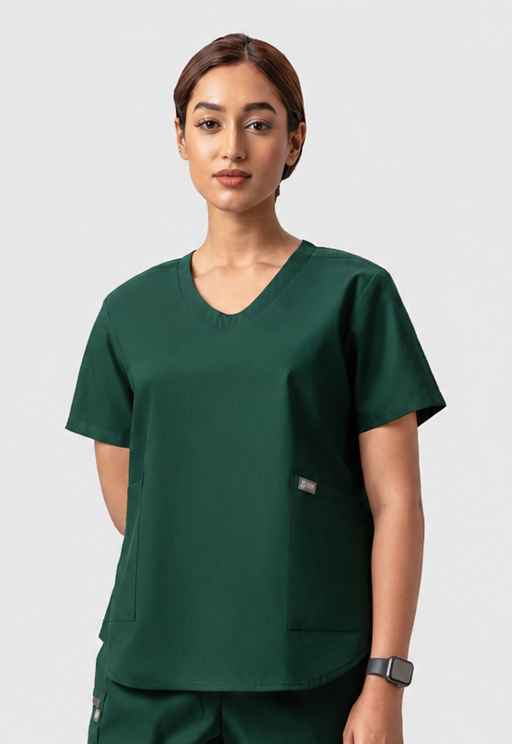 Modern V-Neck 2 Pocket Women's Cotton Scrub Top#Color_Forest Green
