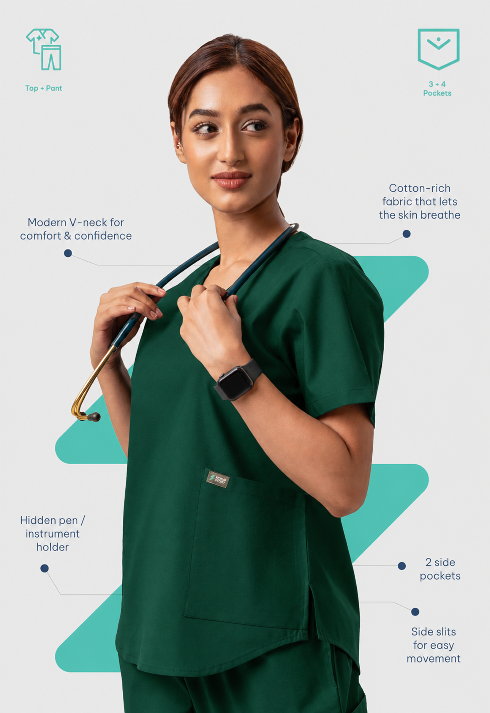 Modern V-Neck Top | Straight Pant 6 Pocket Women's Cotton ScrubSet#Color_Forest Green