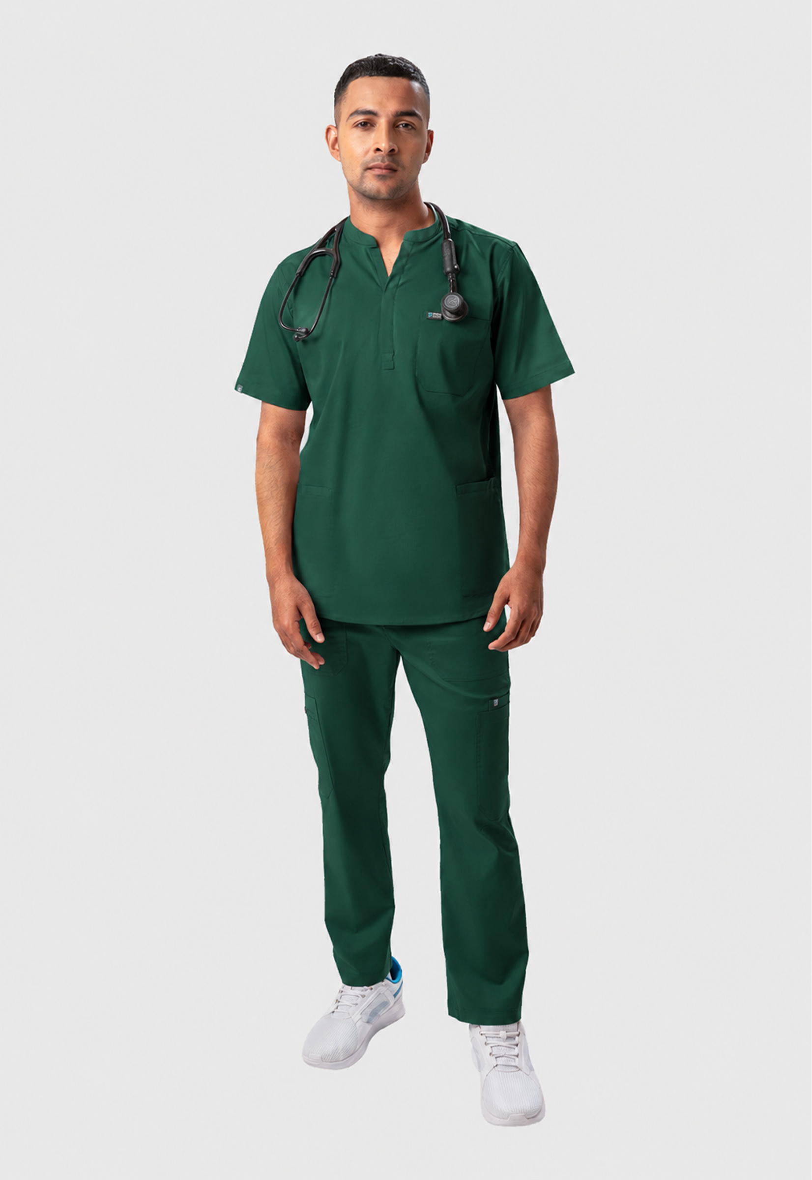 Mandarin Collar Top| Cargo Pant 9 Pocket Men's Cotton ScrubSet#Color_Forest Green
