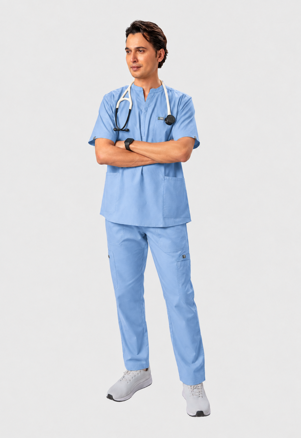Mandarin Collar Top| Cargo Pant 9 Pocket Men's Cotton ScrubSet#Color_Ceil Blue