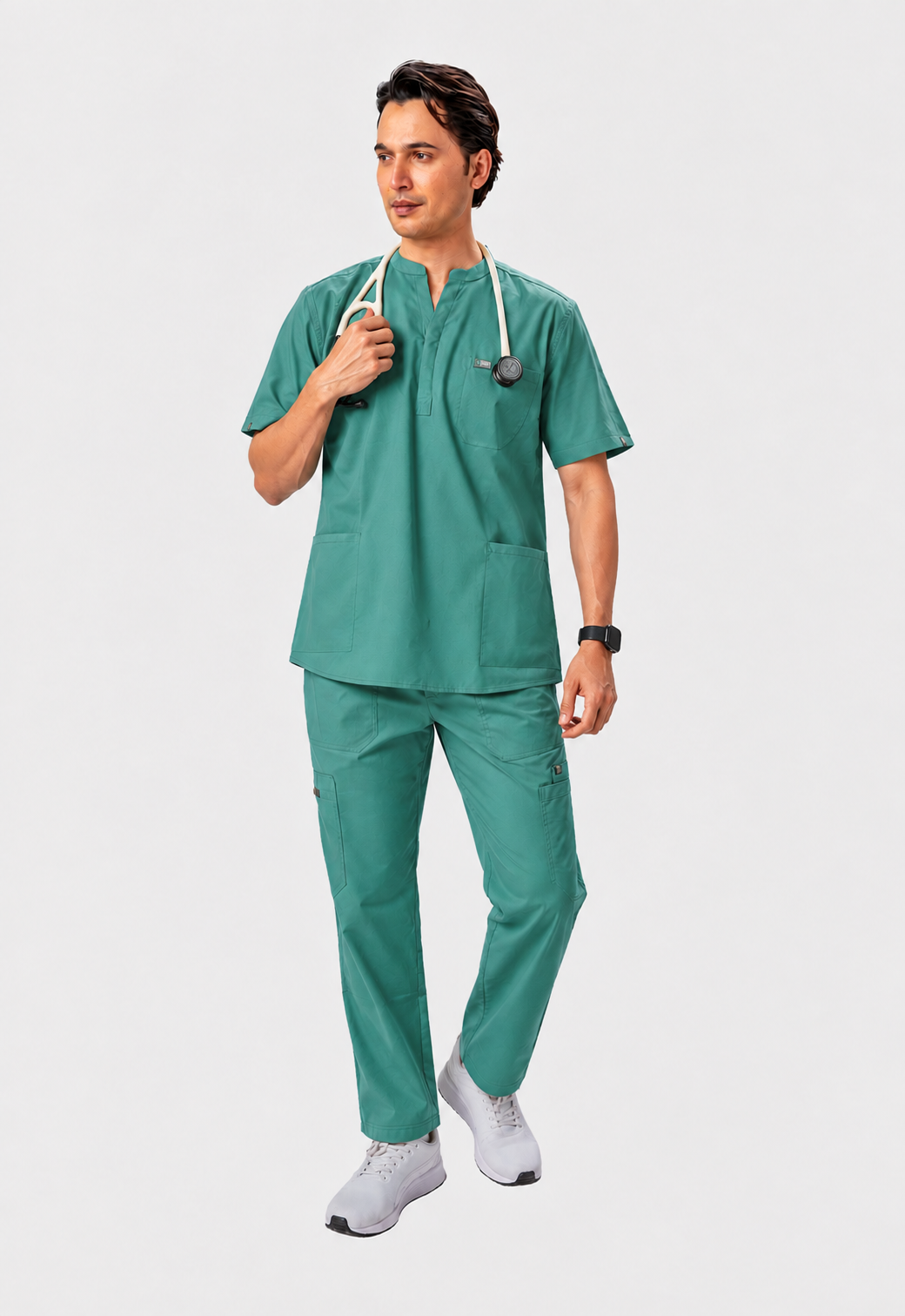 Mandarin Collar Top| Cargo Pant 9 Pocket Men's Cotton ScrubSet#Color_Ocean Teal