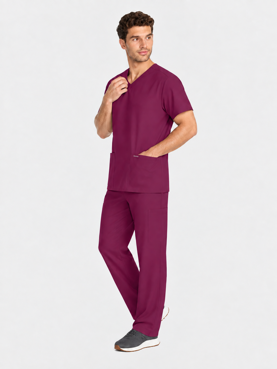 V-Neck Top | Straight Leg Pant 5 Pocket Unisex Scrub Set#Color_Wine