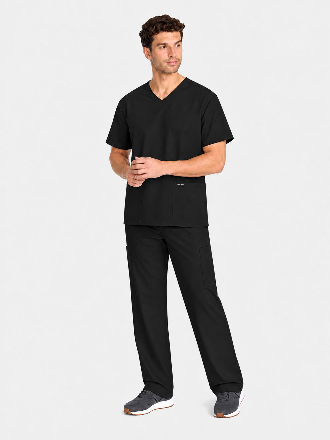 V-Neck Top | Straight Leg Pant 5 Pocket Unisex Scrub Set#Color_Black