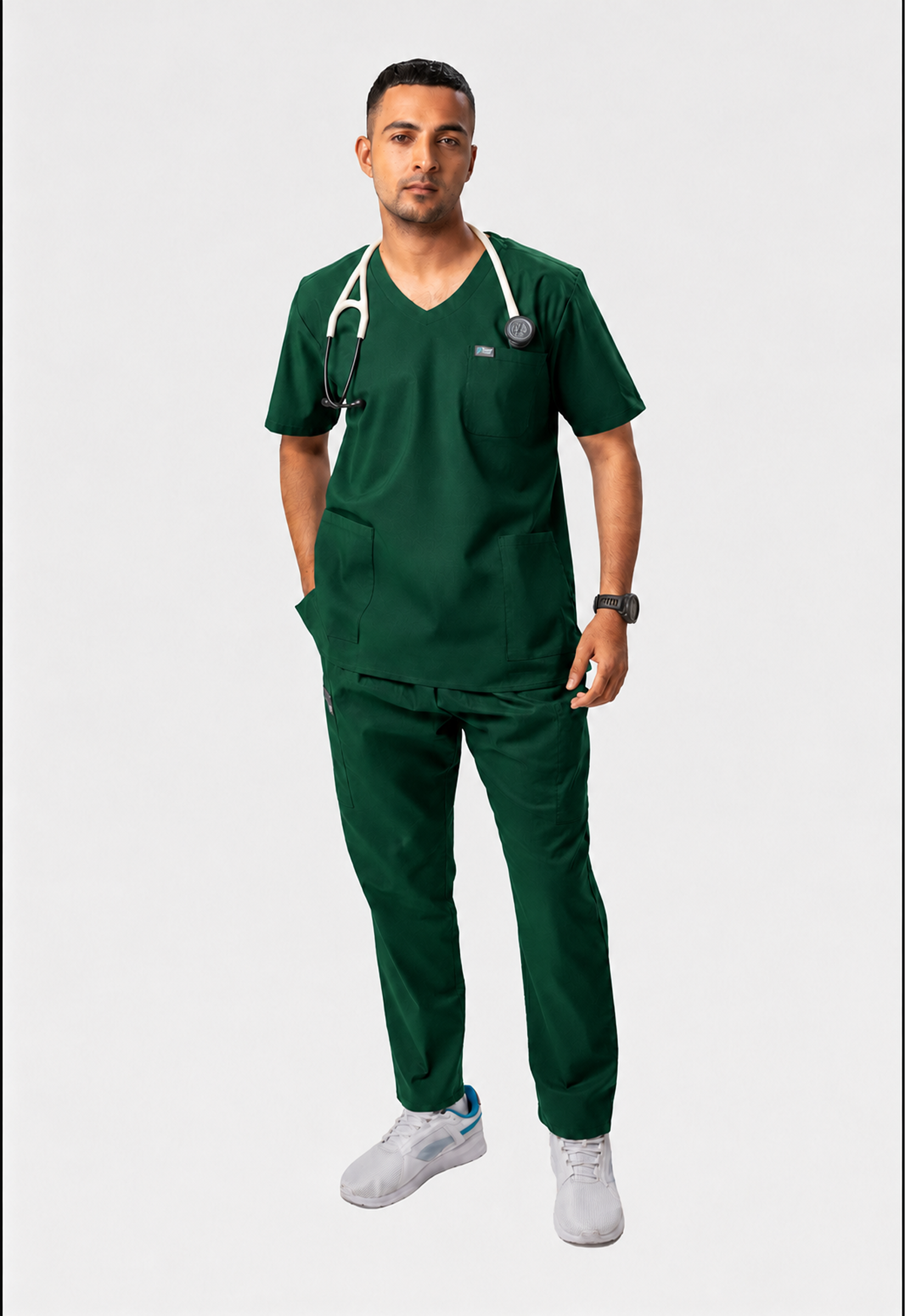 Modern V-Neck Top | Straight Pant 7 Pocket Men's Cotton ScrubSet#Color_Forest Green