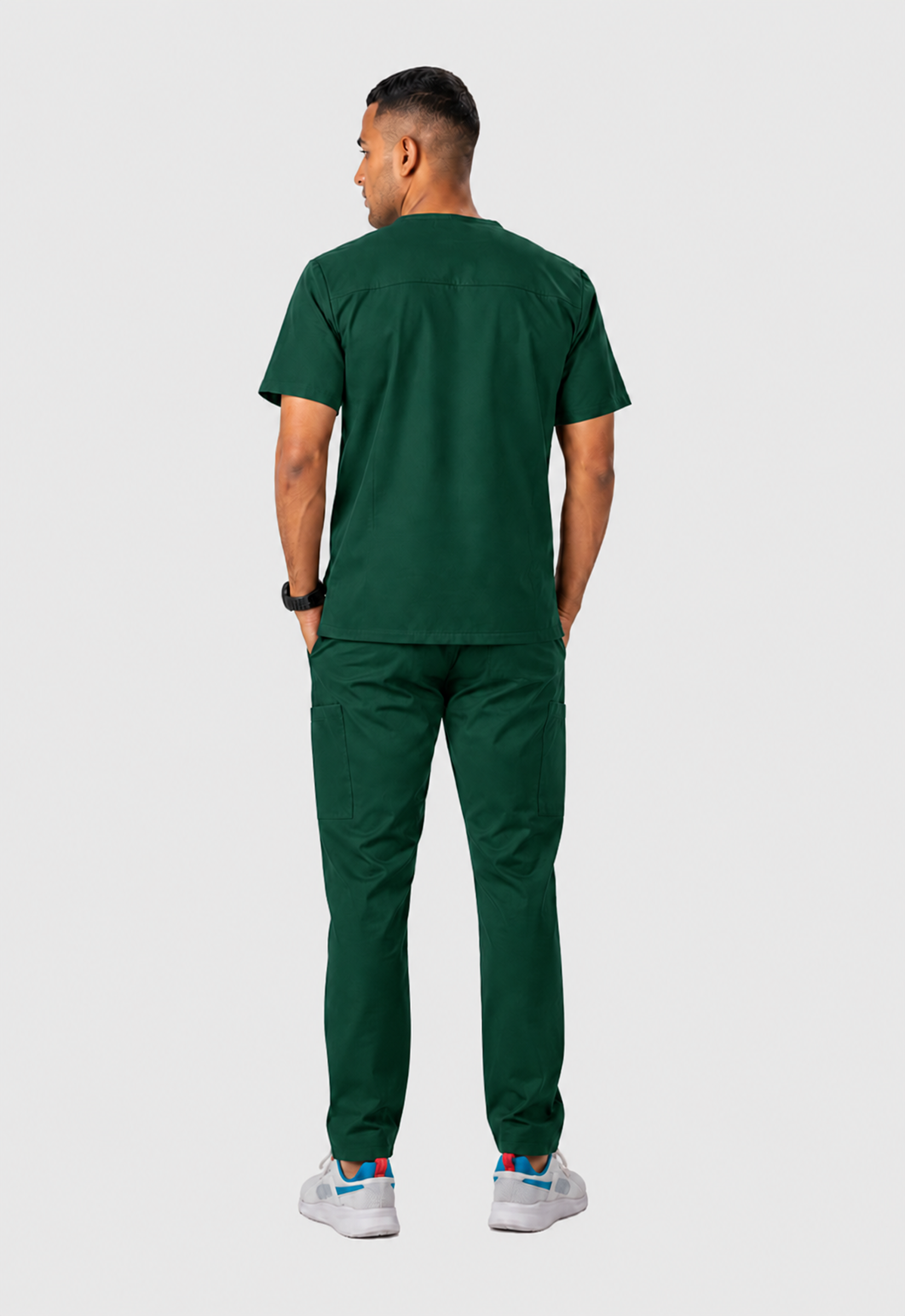 Modern V-Neck Top | Straight Pant 7 Pocket Men's Cotton ScrubSet#Color_Forest Green
