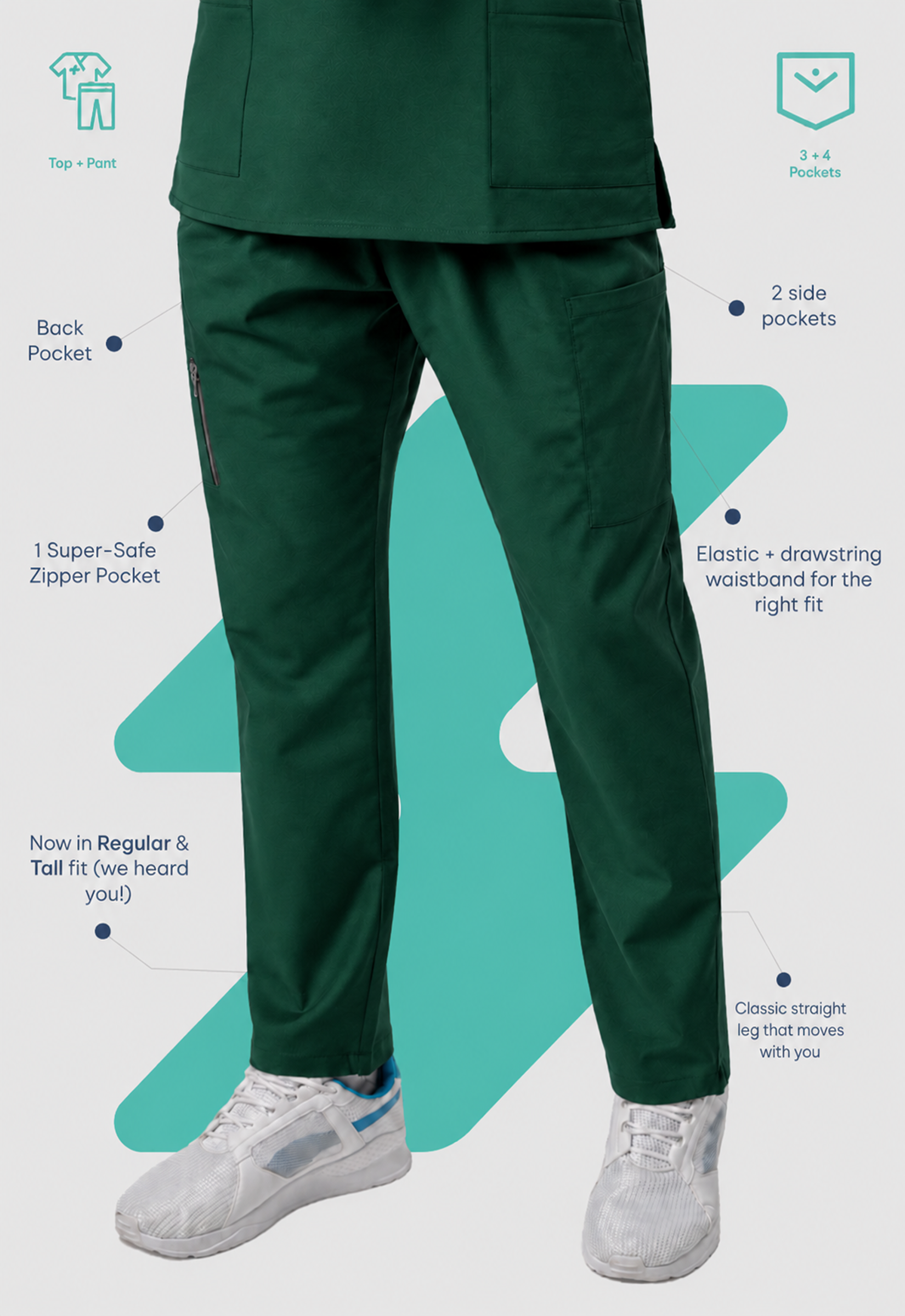 Modern V-Neck Top | Straight Pant 7 Pocket Men's Cotton ScrubSet#Color_Forest Green