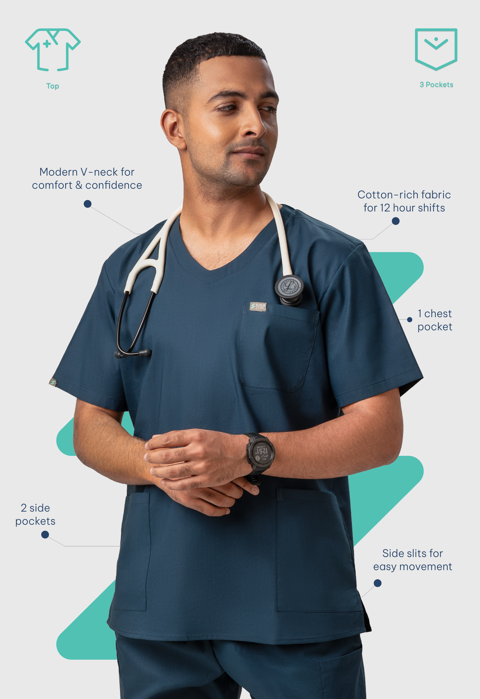 Modern V-Neck 3 Pocket Men's Cotton Scrub Top#Color_Air Blue
