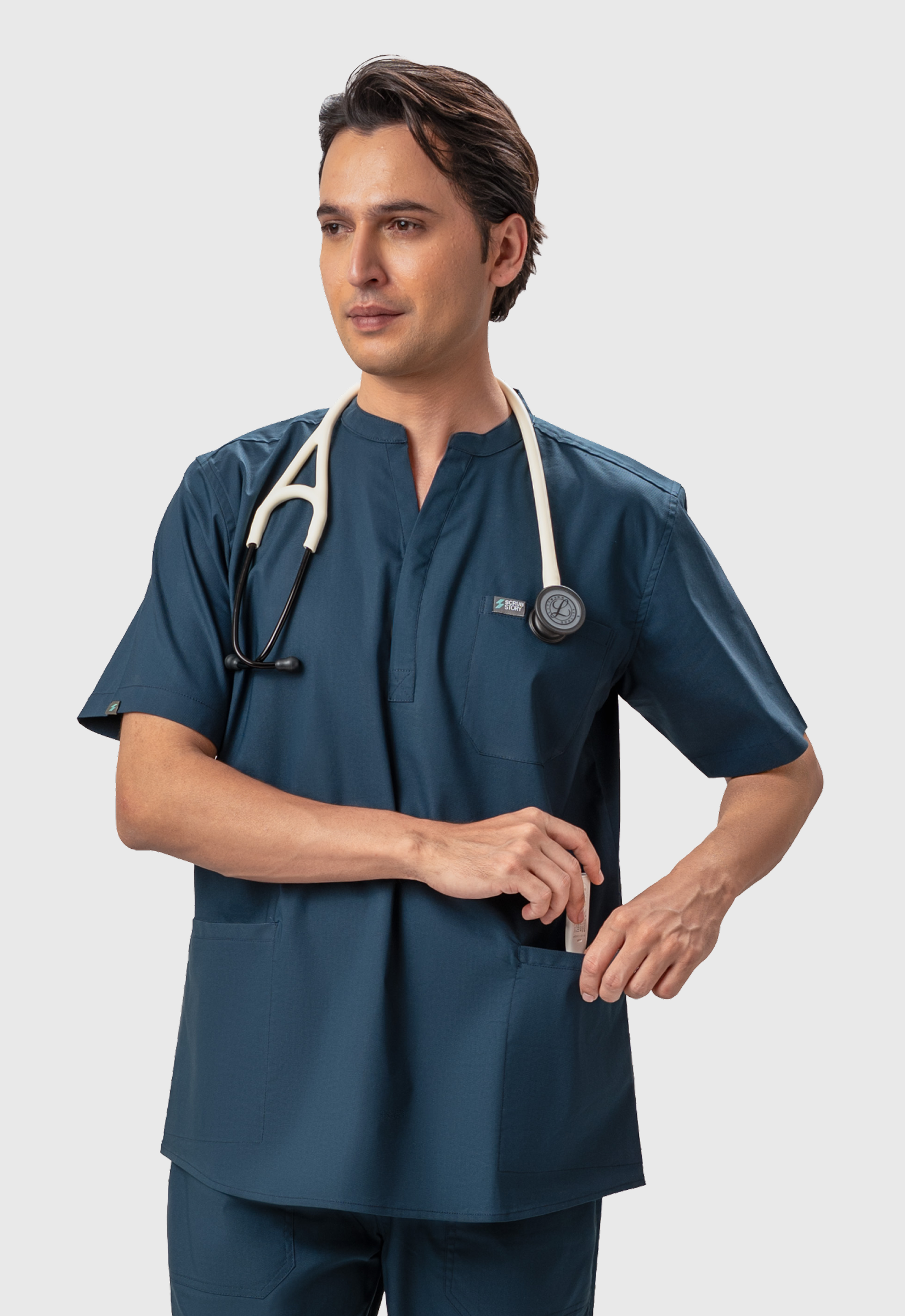 Mandarin Collar 3 Pocket Men's Cotton Scrub Top#Color_Air Blue