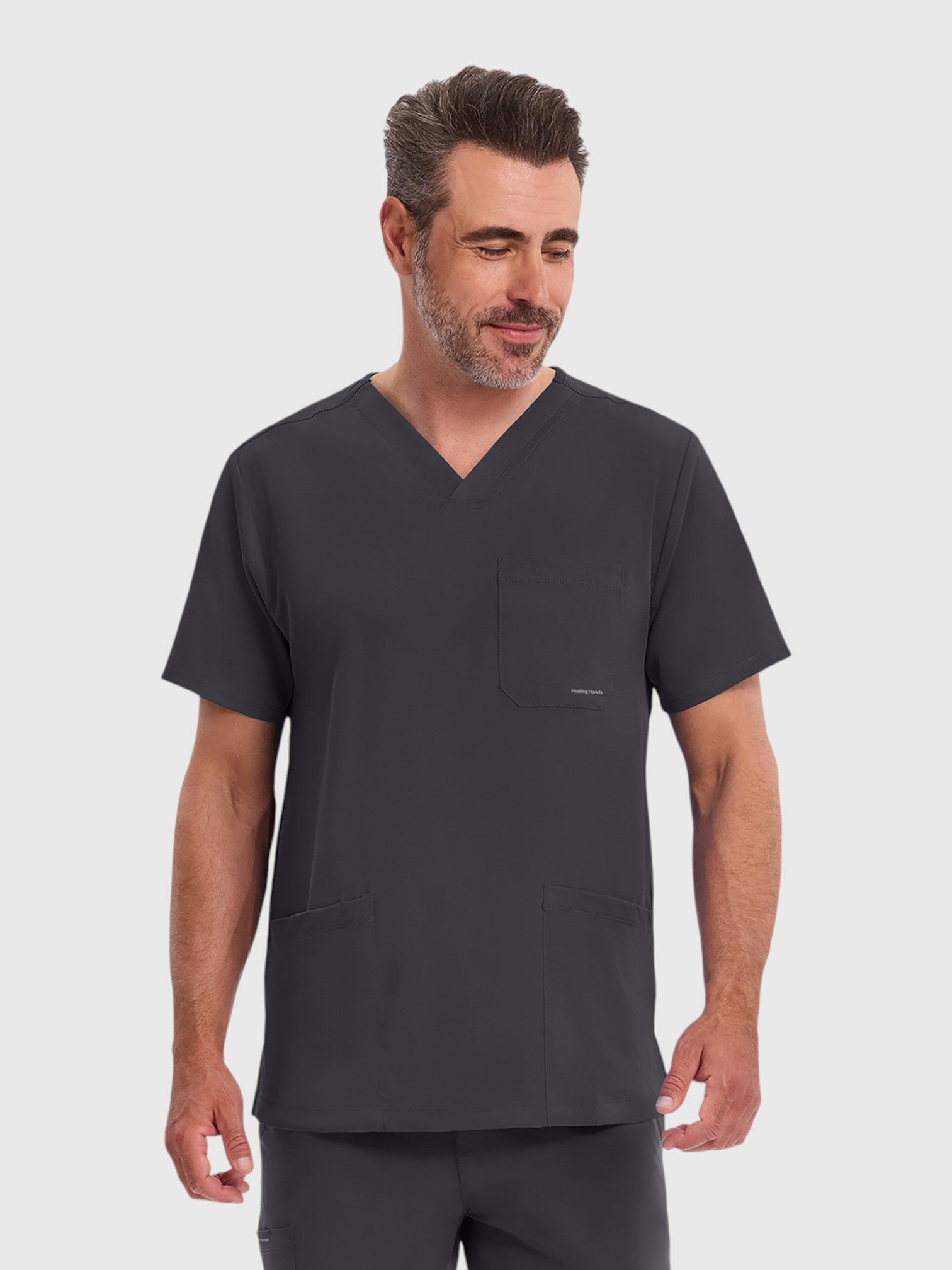 V-Neck Top | Cargo Pant 10 Pocket Men's Scrub Set#Color_Pewter