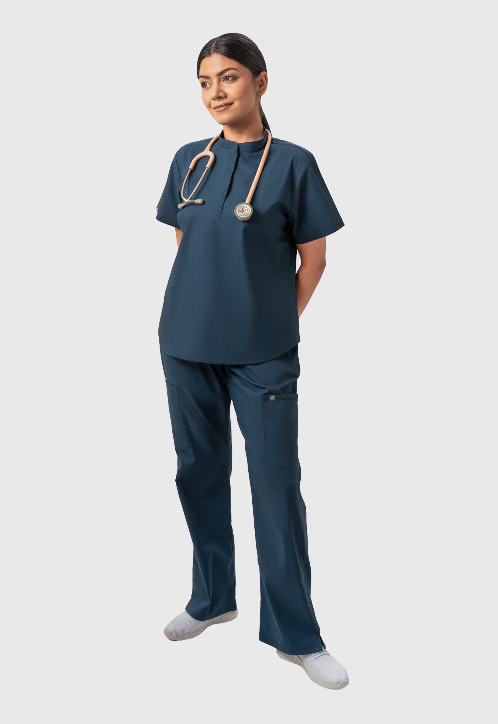 Mandarin Collar Top | Wide Leg Pant 7 Pocket Women's Cotton ScrubSet#Air_Blue