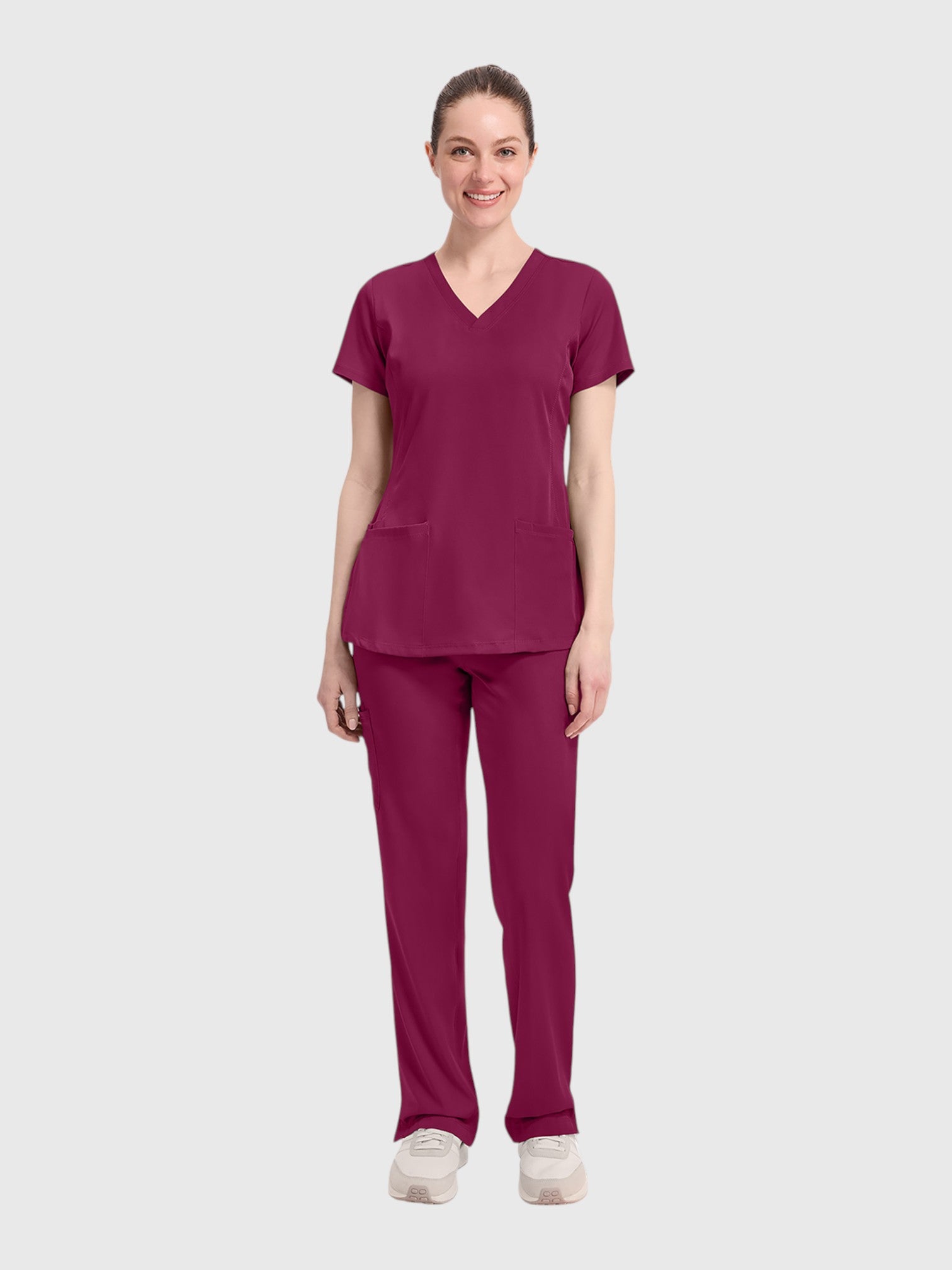 V-Neck Top | Cargo Pant 10 Pocket Women's Scrub Set#Color_Wine