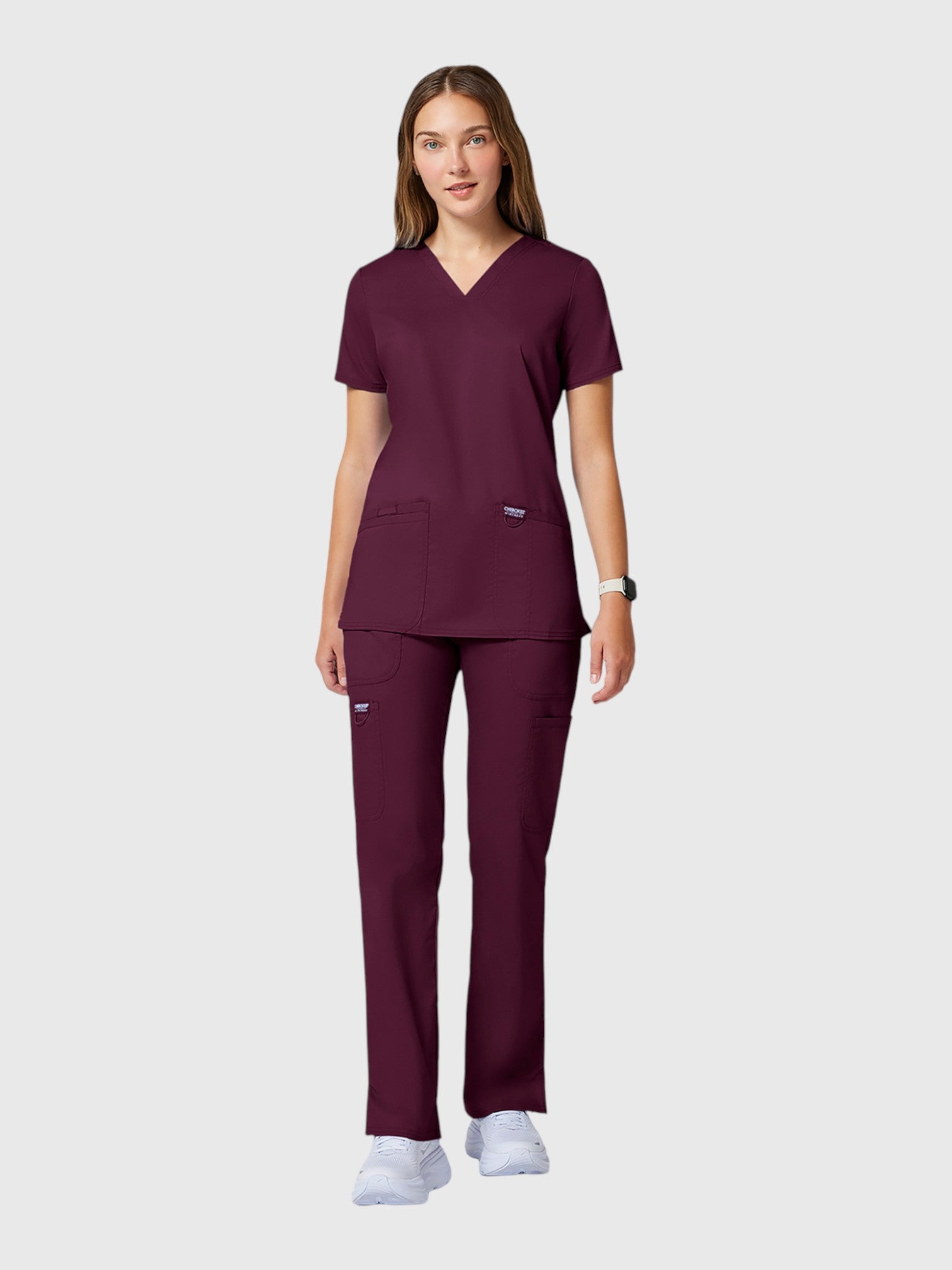 V-Neck Top | Tapered Leg Drawsting Pant 8 Pocket Women's Scrub Set#Color_Wine