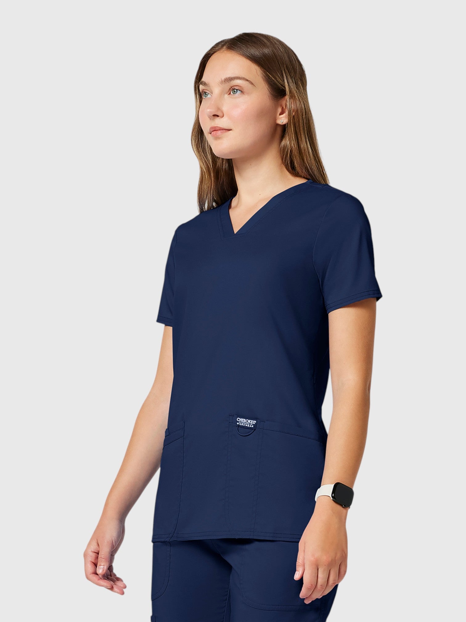 V-Neck Top | Tapered Leg Drawsting Pant 8 Pocket Women's Scrub Set#Color_Navy Blue