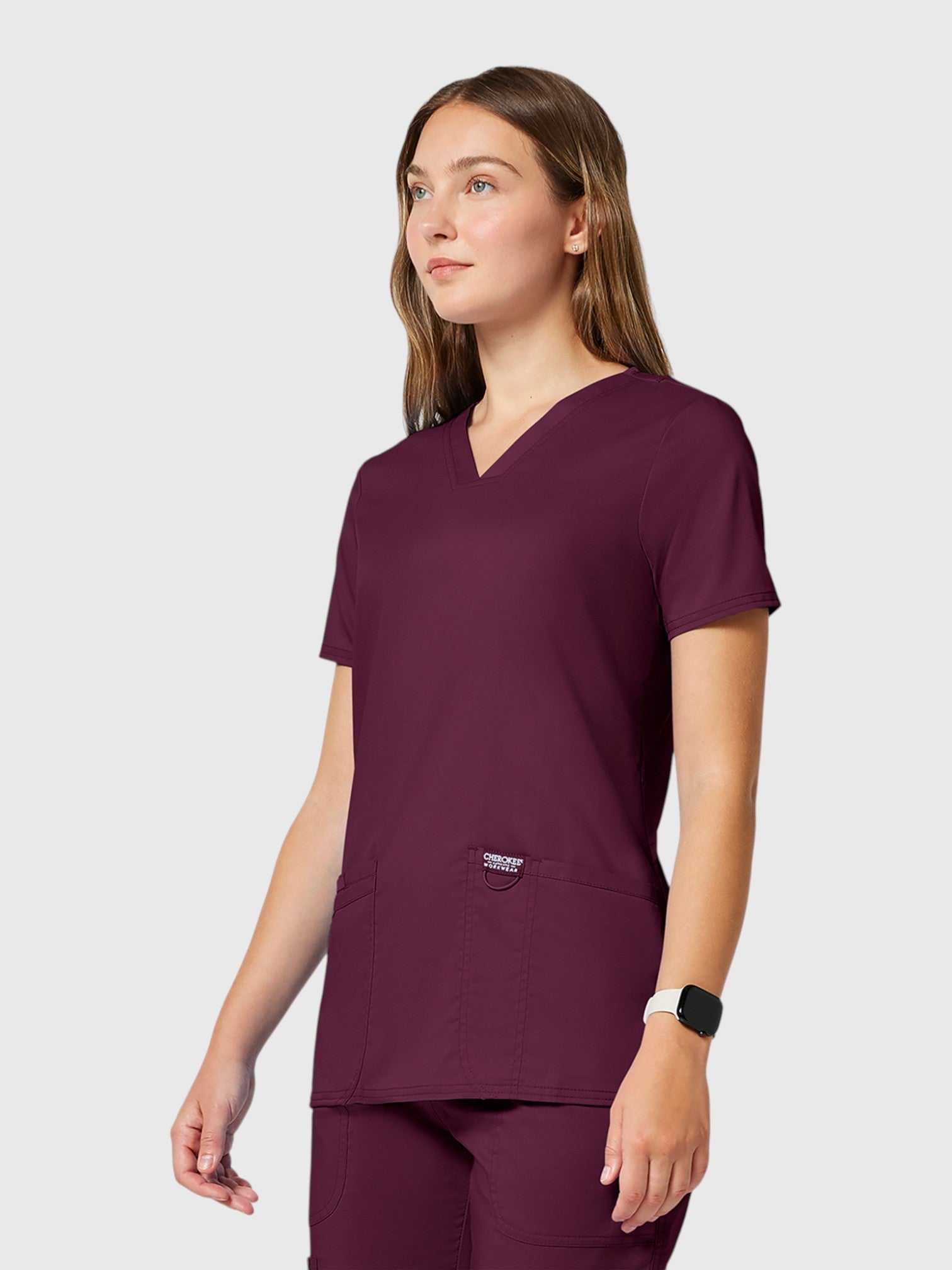 V-Neck Top | Tapered Leg Drawsting Pant 8 Pocket Women's Scrub Set#Color_Wine