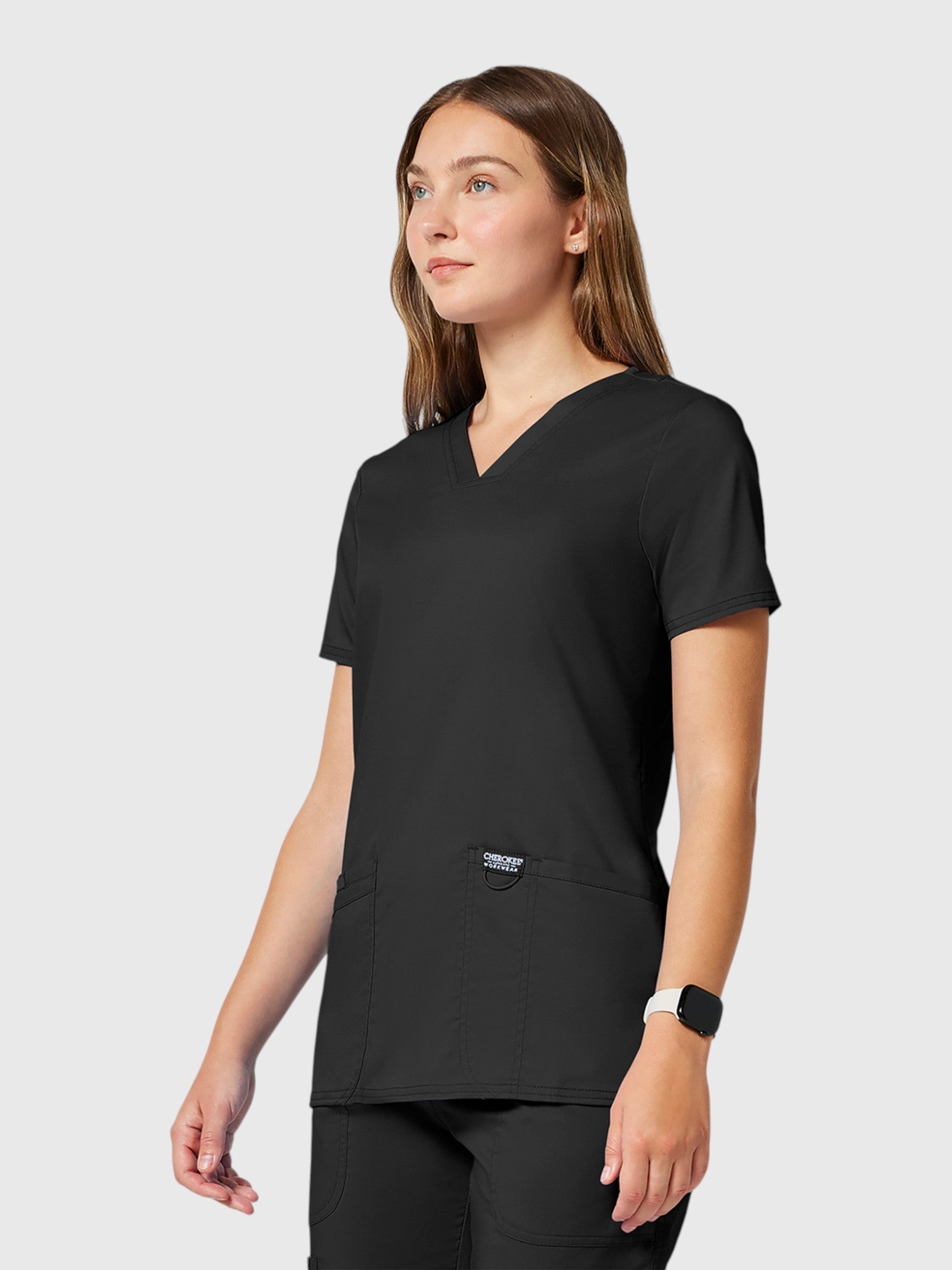 V-Neck Top | Tapered Leg Drawsting Pant 8 Pocket Women's Scrub Set#Color_Black