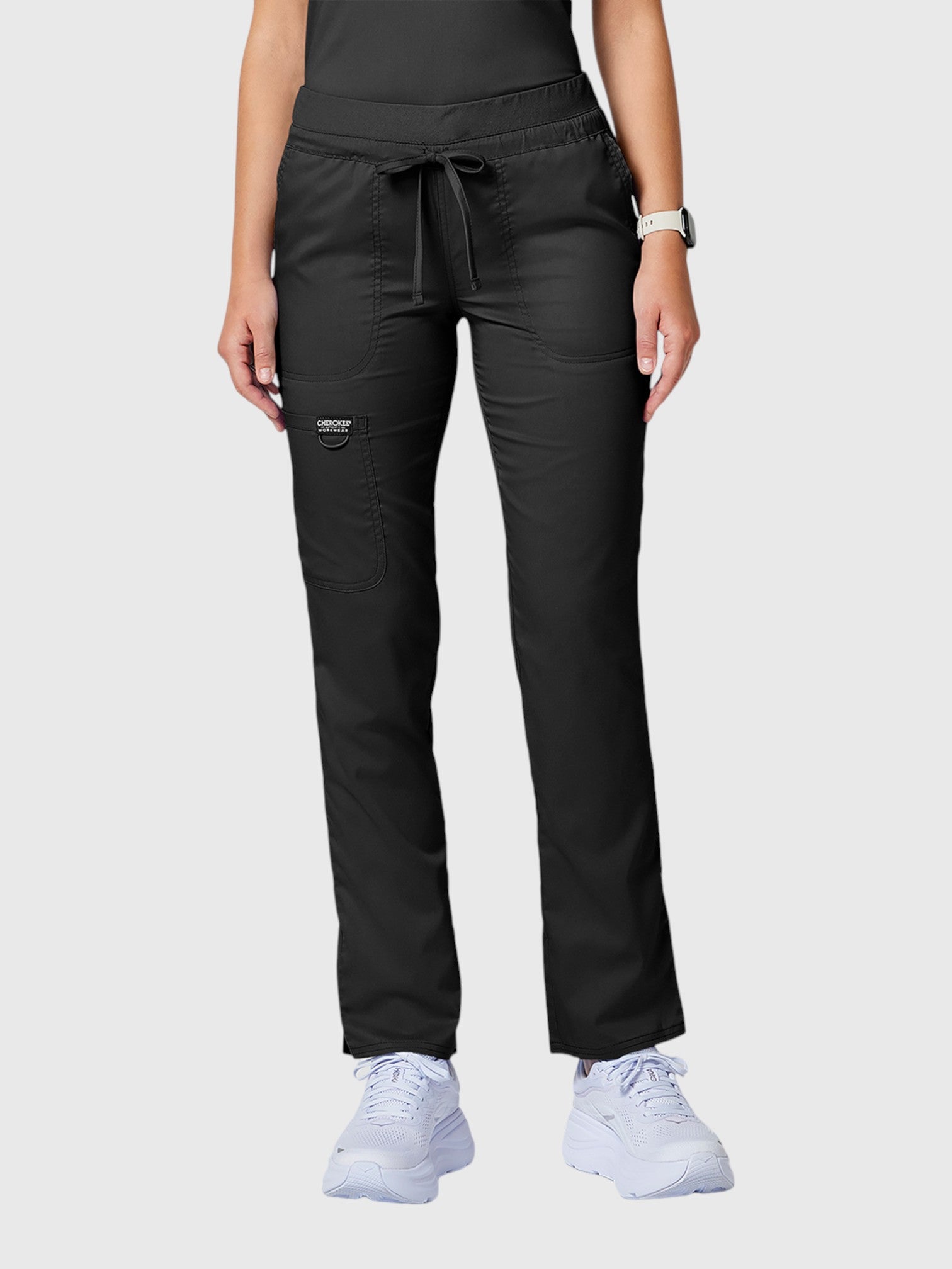V-Neck Top | Tapered Leg Drawsting Pant 8 Pocket Women's Scrub Set#Color_Black
