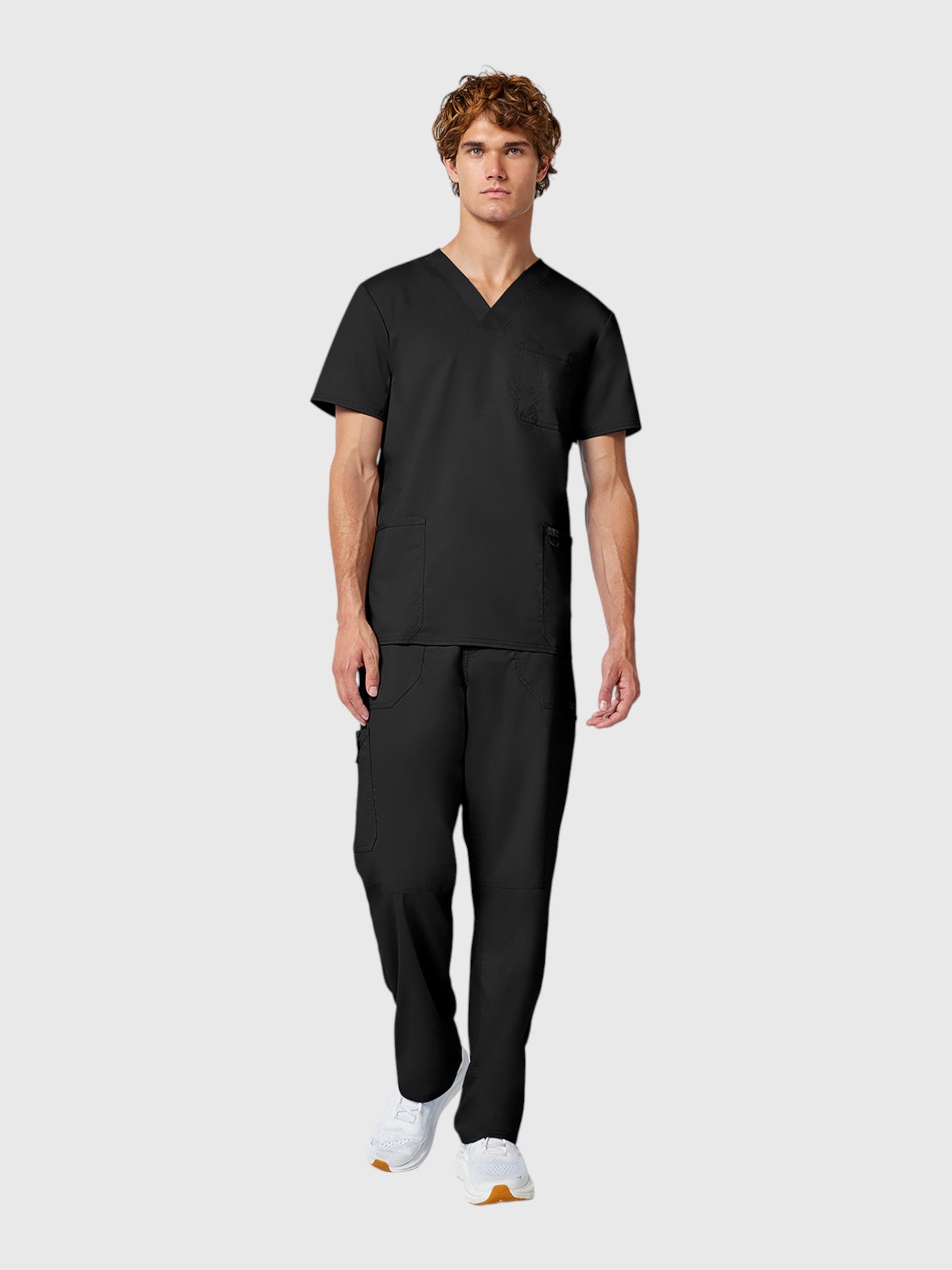 V-Neck Top | Mid Rise Tapered Pant 10 Pocket Men's Scrub Set#Color_Black