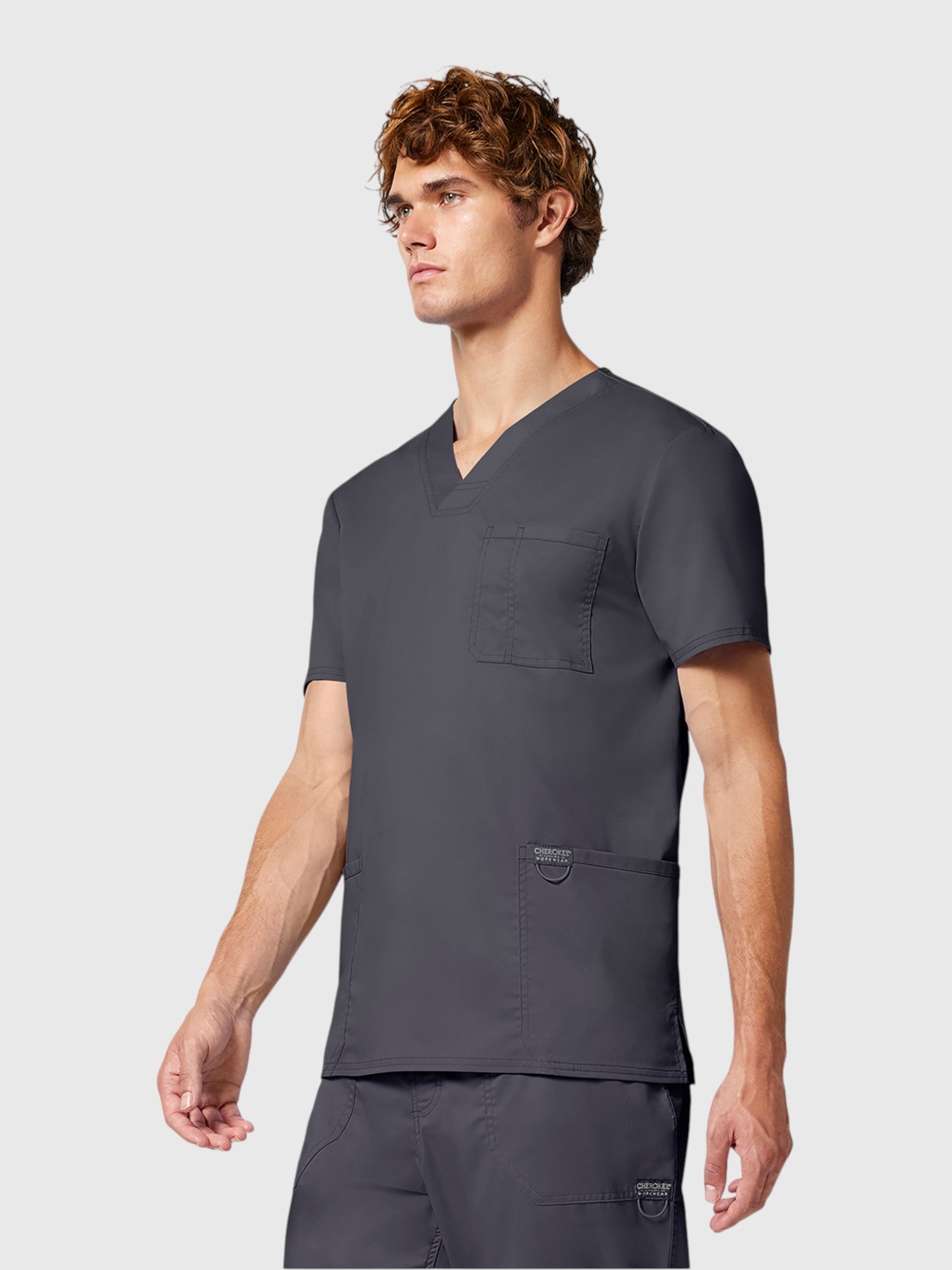 V-Neck Top | Mid Rise Tapered Pant 10 Pocket Men's Scrub Set#Color_Pewter