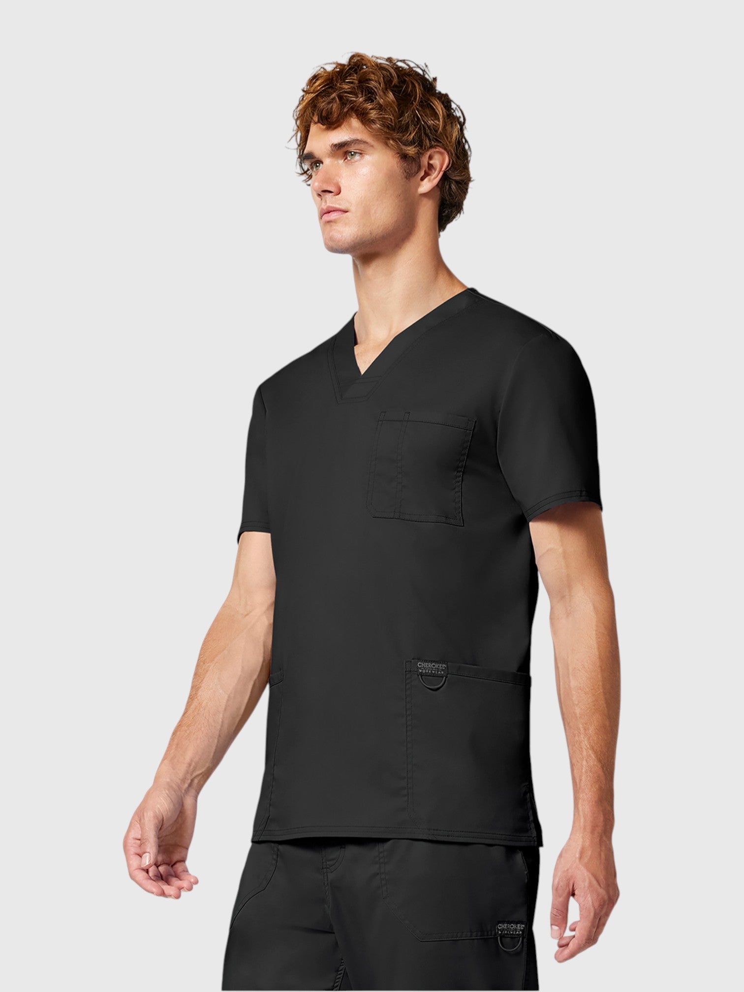 V-Neck Top | Mid Rise Tapered Pant 10 Pocket Men's Scrub Set#Color_Black