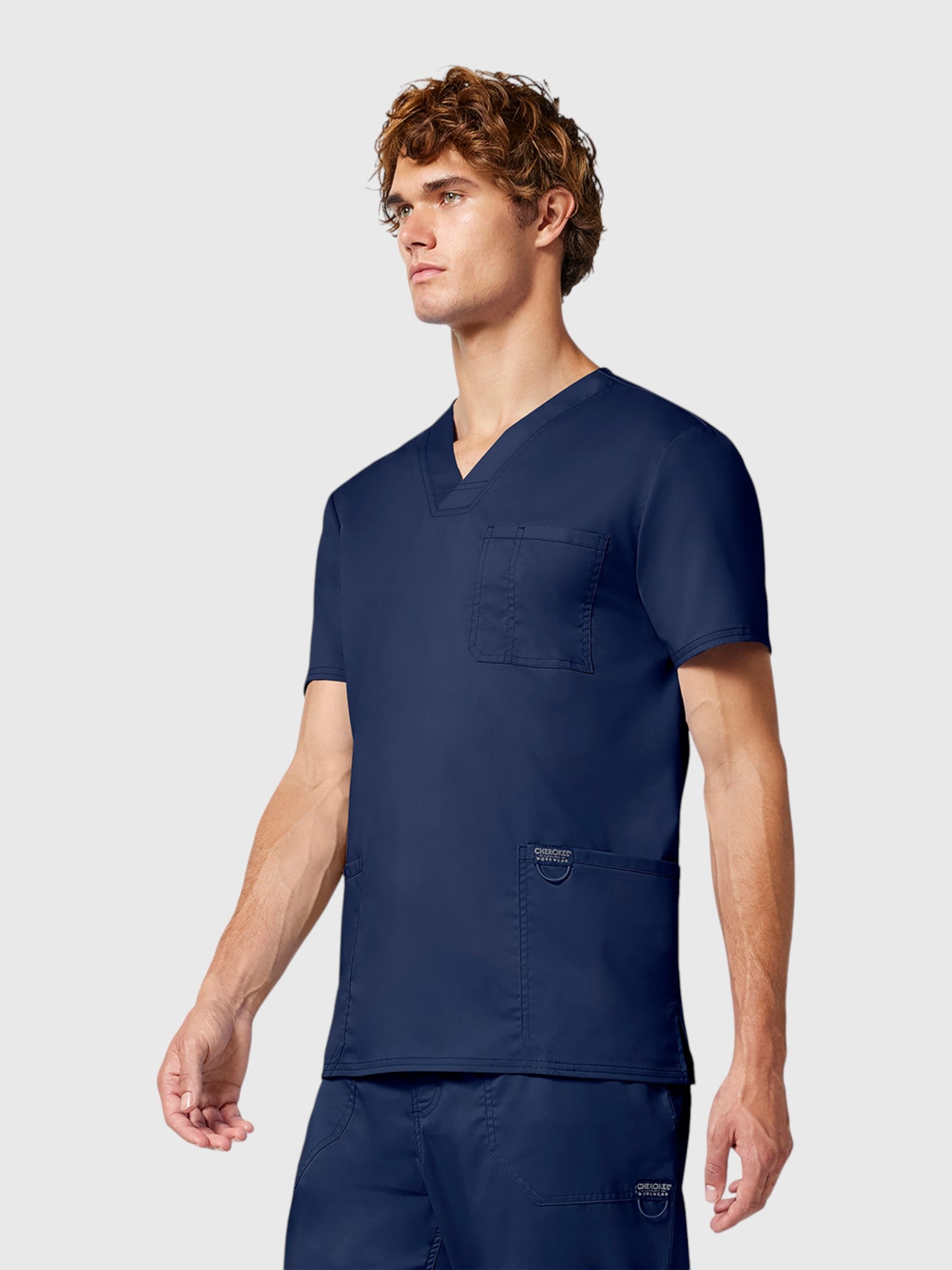 V-Neck Top | Mid Rise Tapered Pant 10 Pocket Men's Scrub Set#Color_Navy Blue