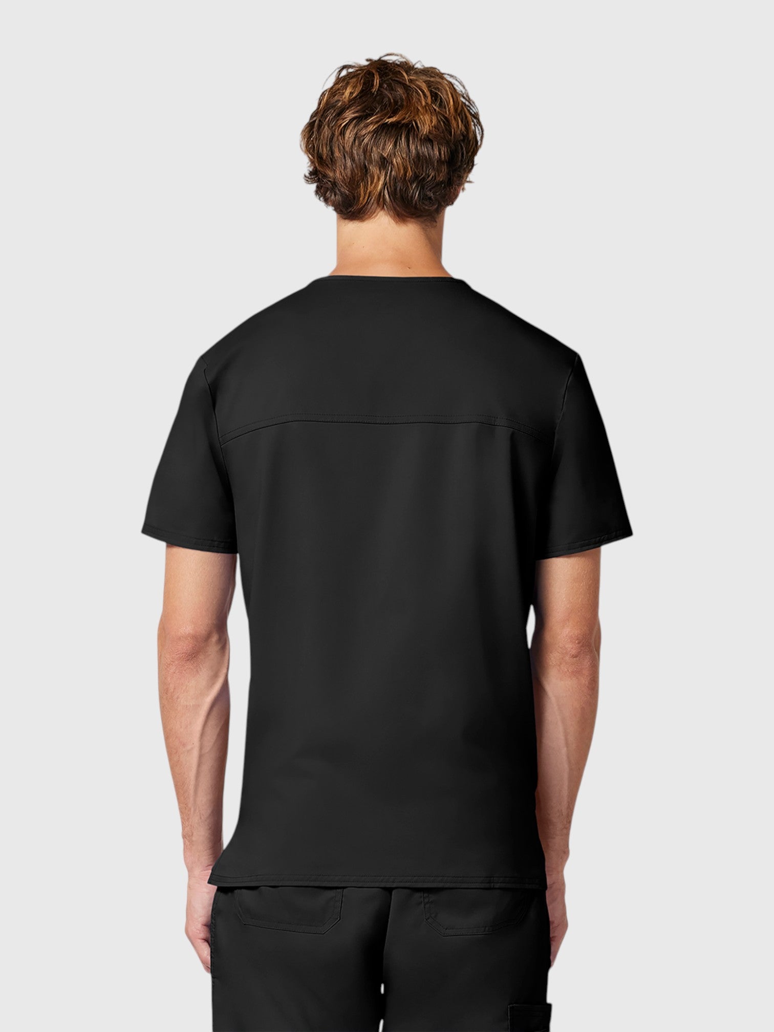 V-Neck Top | Mid Rise Tapered Pant 10 Pocket Men's Scrub Set#Color_Black