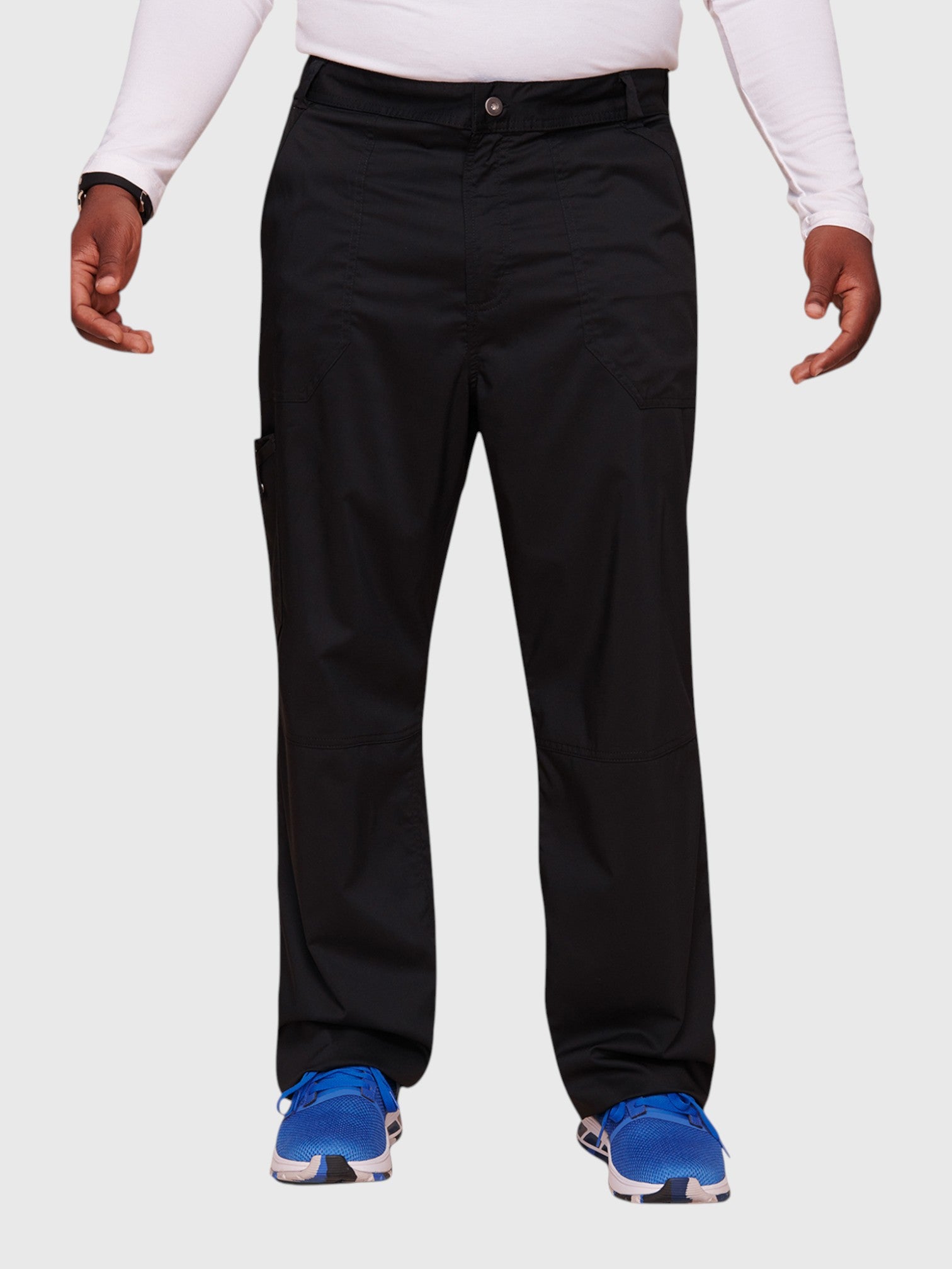 V-Neck Top | Mid Rise Tapered Pant 10 Pocket Men's Scrub Set#Color_Black