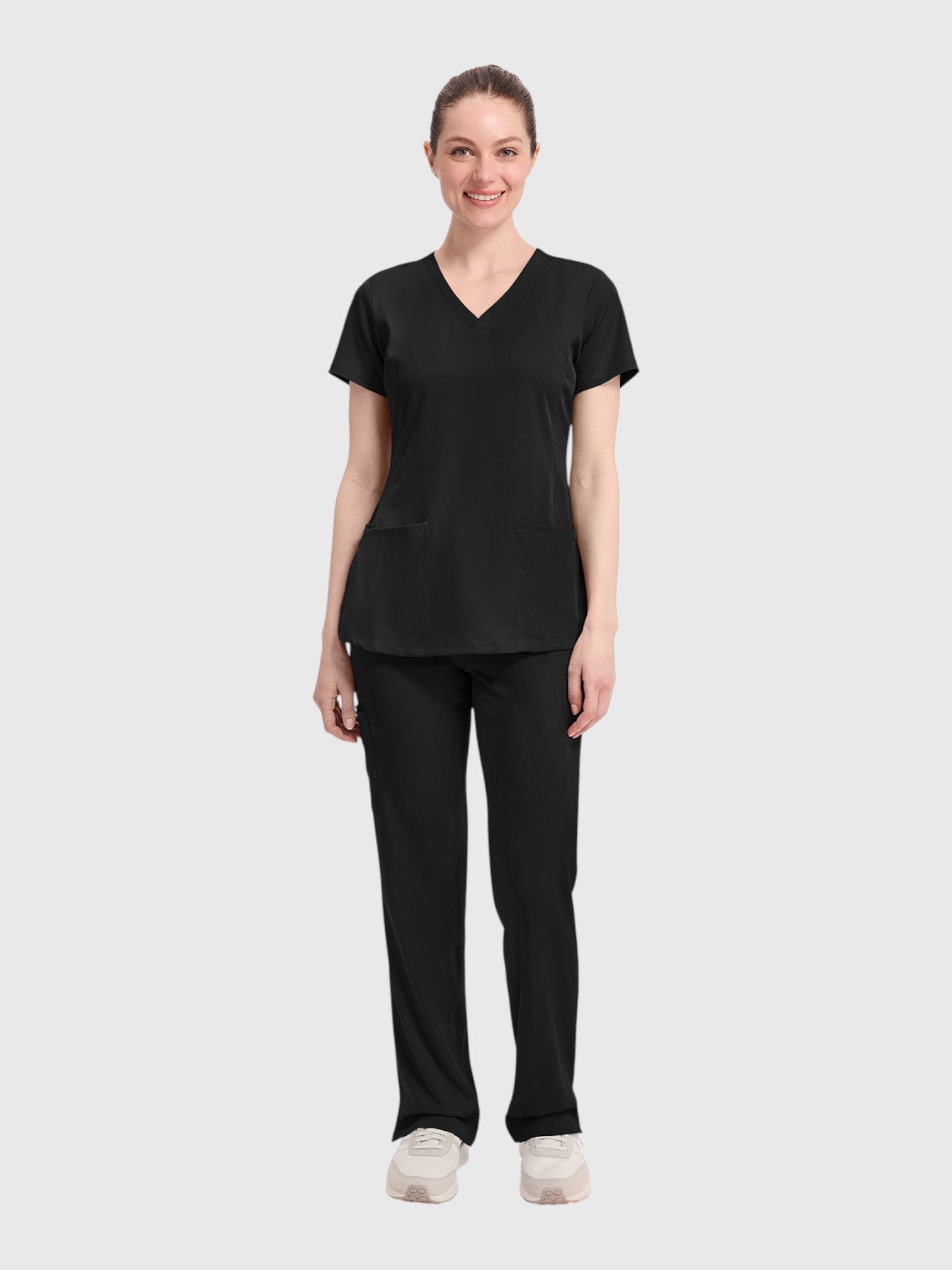 Modern V Neck 4 Pocket Women’s Scrub Top#Color_Black