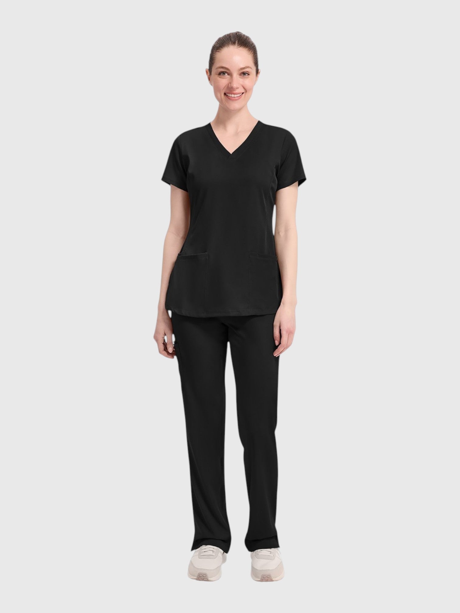 V-Neck Top | Cargo Pant 10 Pocket Women's Scrub Set#Color_Black