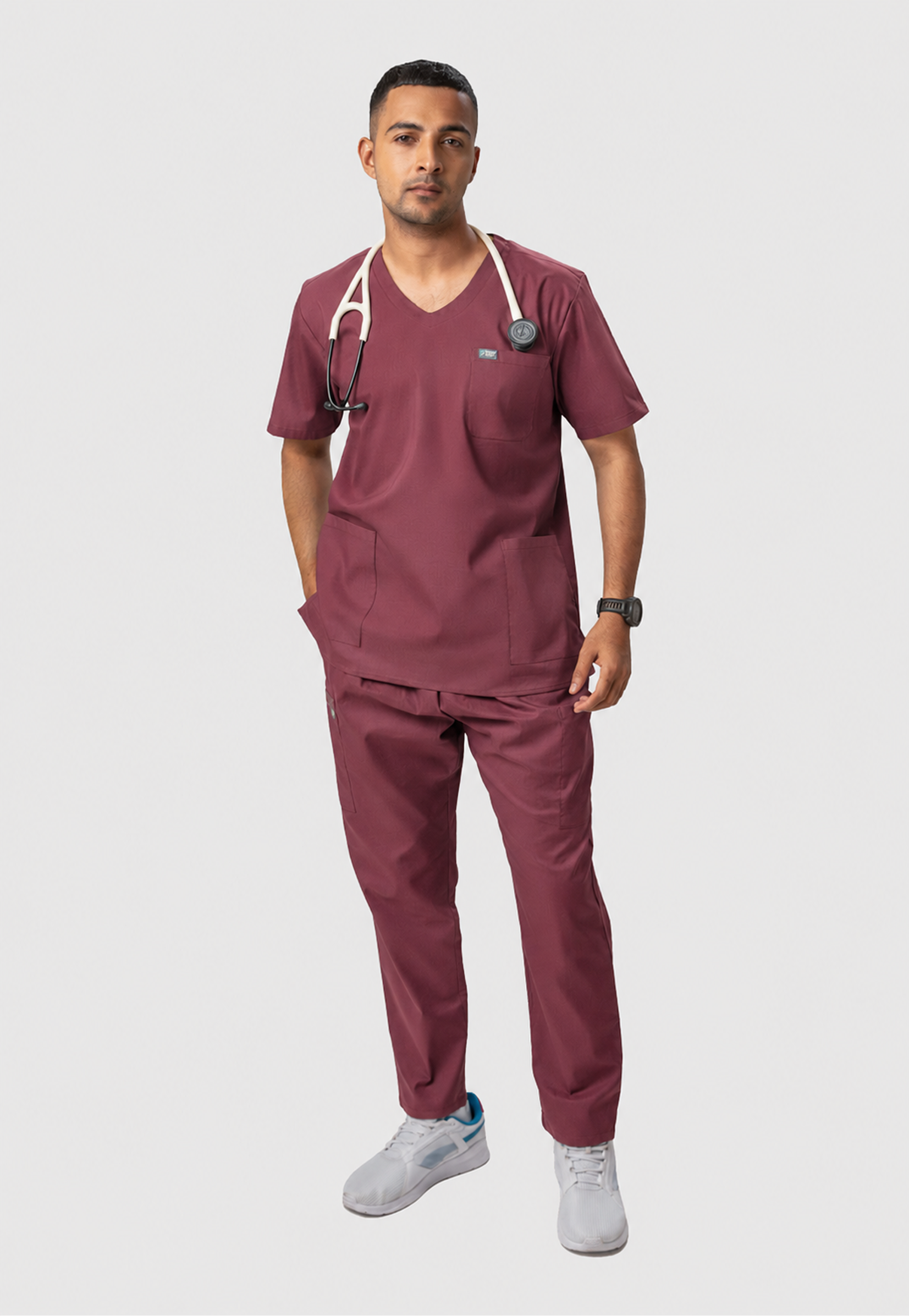 Modern V-Neck Top | Straight Pant 7 Pocket Men's Cotton ScrubSet#Color_Royal Plum