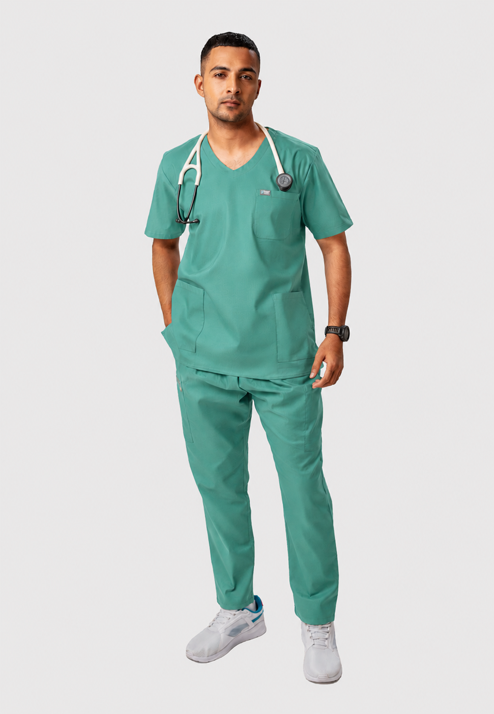 Modern V-Neck Top | Straight Pant 7 Pocket Men's Cotton ScrubSet#Color_Ocean Teal