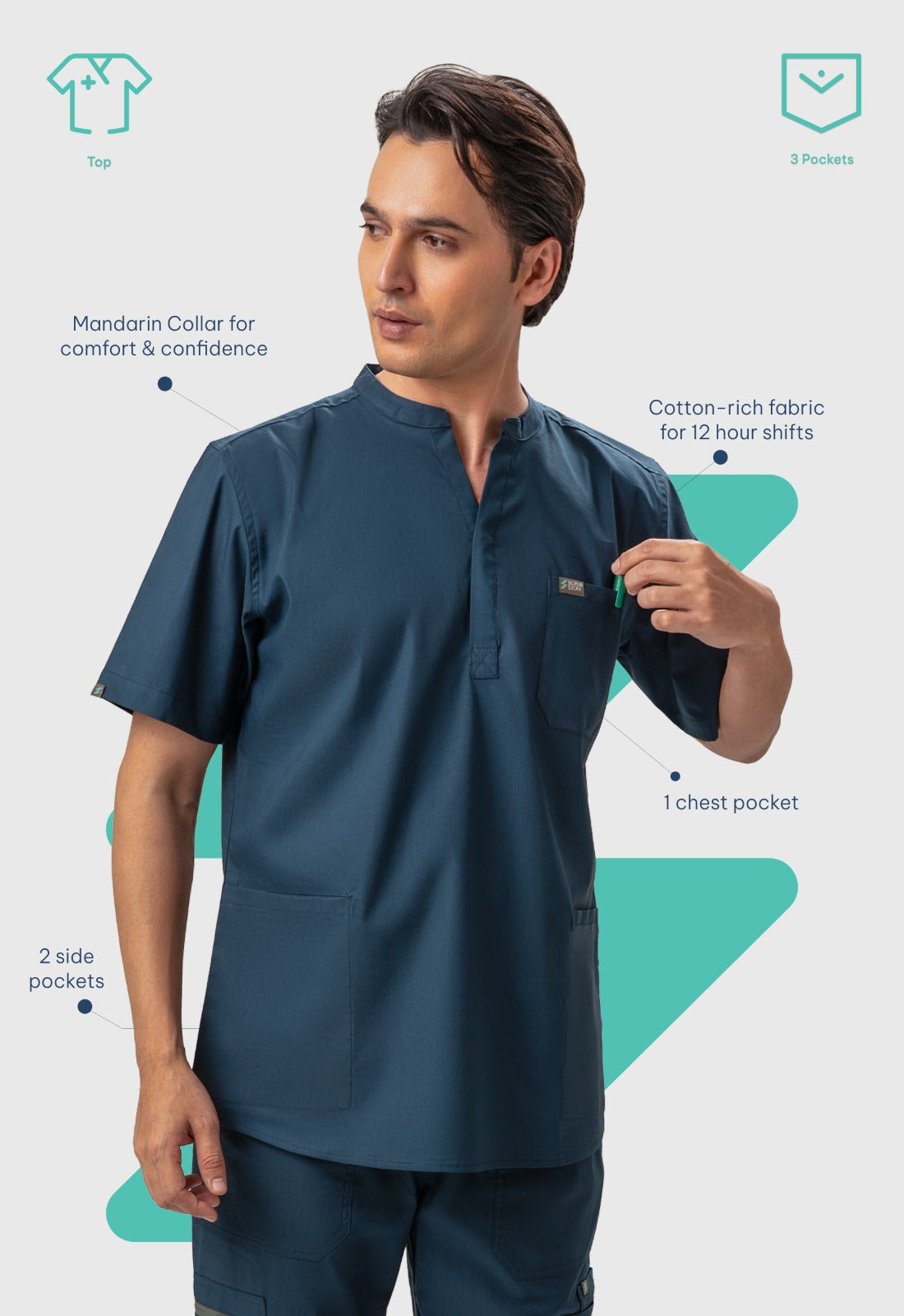 Mandarin Collar 3 Pocket Men's Cotton Scrub Top#Color_Air Blue