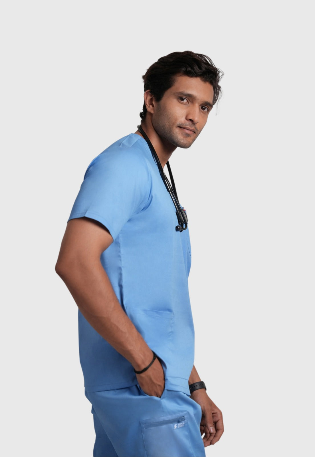 Scrub Top - Men's Cotton V-Neck 3 Pocket#color_Ceil Blue