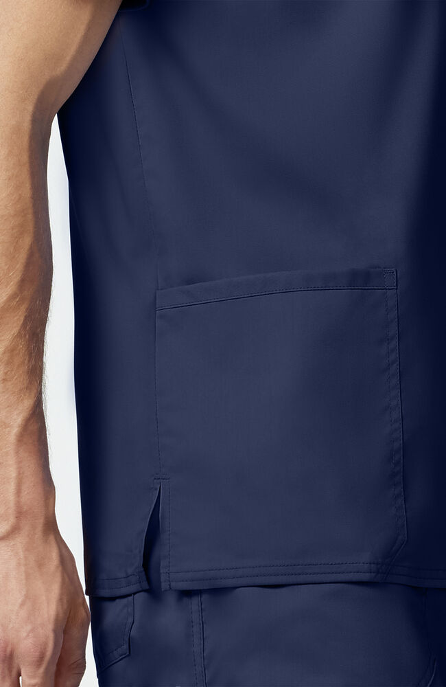 V-Neck Top | Mid Rise Tapered Pant 10 Pocket Men's Scrub Set#Color_Navy Blue