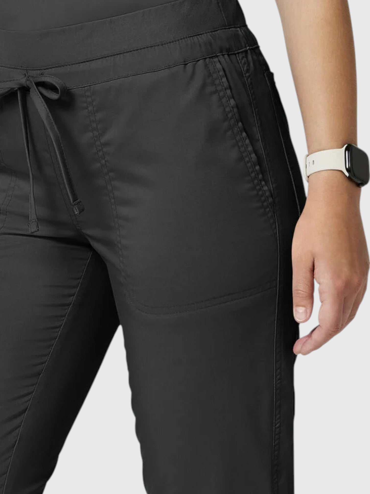 V-Neck Top | Tapered Leg Drawsting Pant 8 Pocket Women's Scrub Set#Color_Black