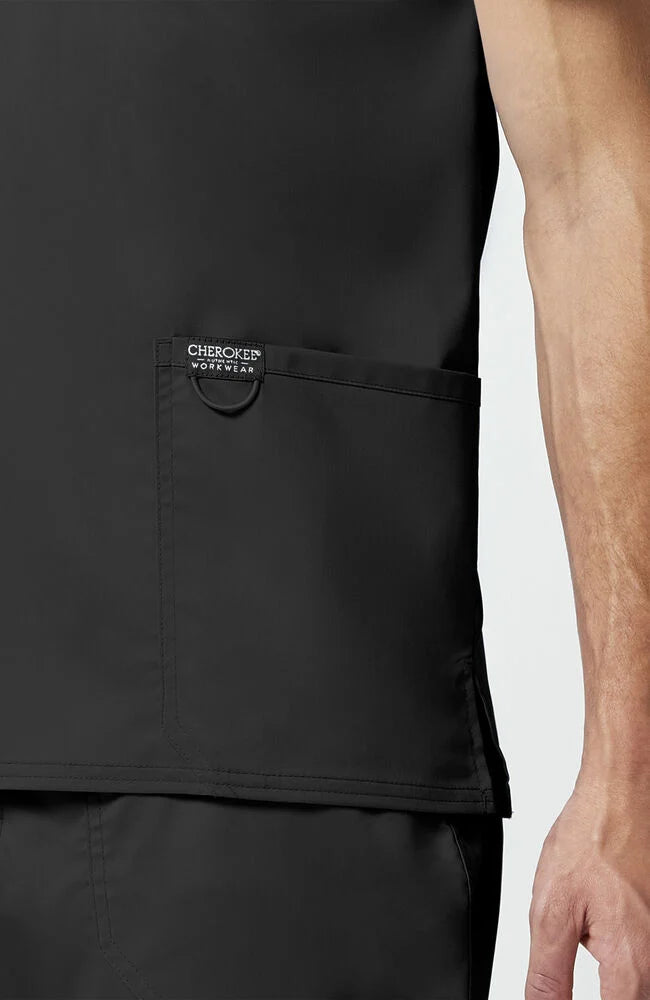 V-Neck Top | Mid Rise Tapered Pant 10 Pocket Men's Scrub Set#Color_Black
