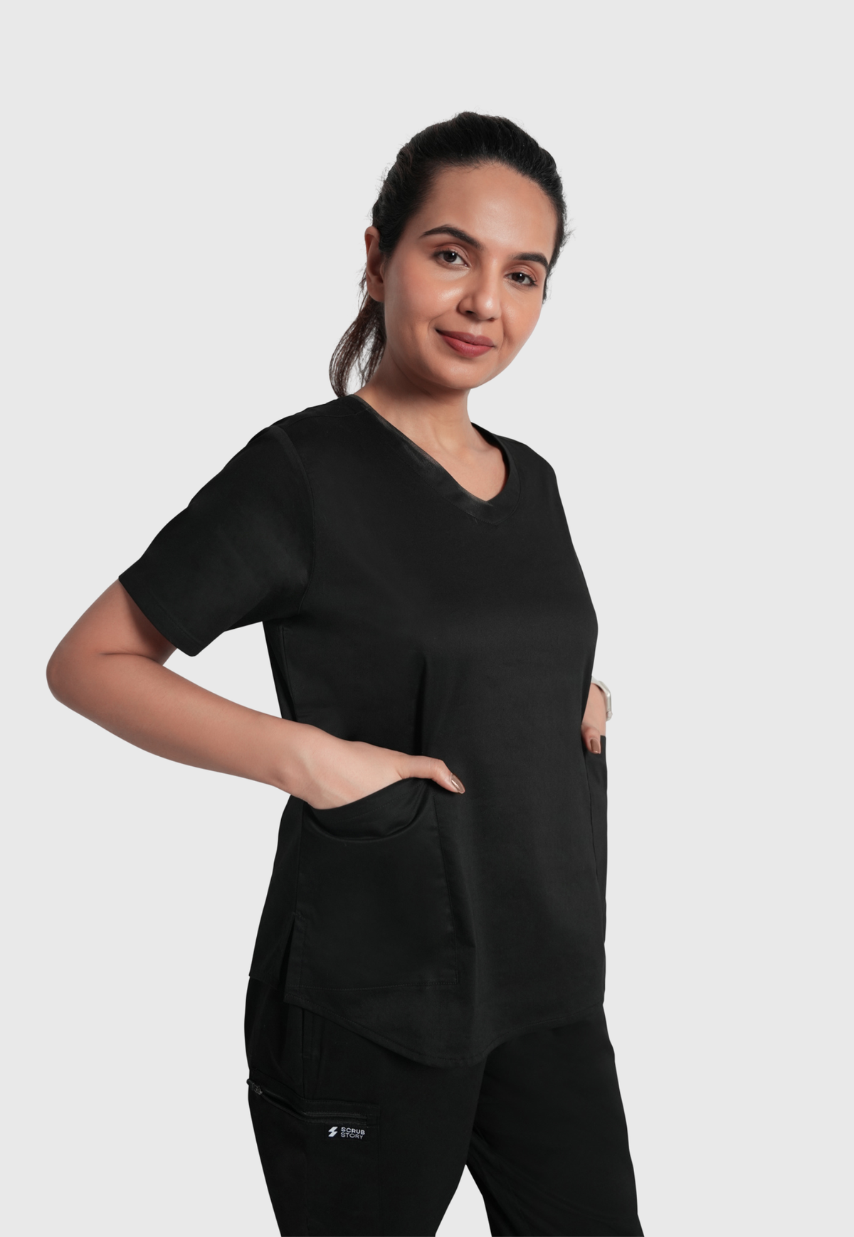 Scrub Top - Women's Cotton V-Neck 2 Pocket#color_Kohl Black