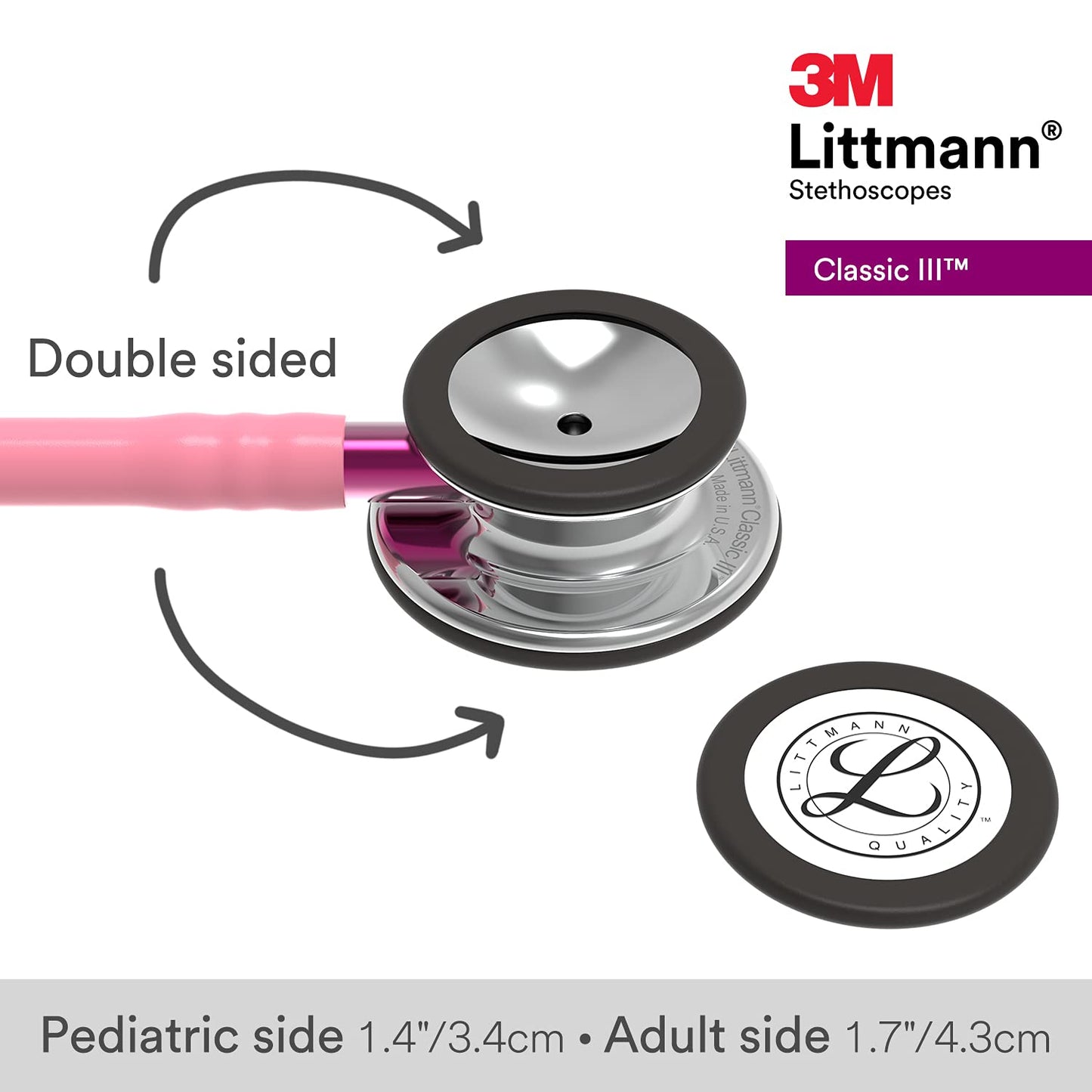 3M™ Littmann® Classic III™ Monitoring Stethoscope, Mirror Chestpiece, Pearl Pink Tube, Pink Stem and Smoke Headset, 27 in, 5962
