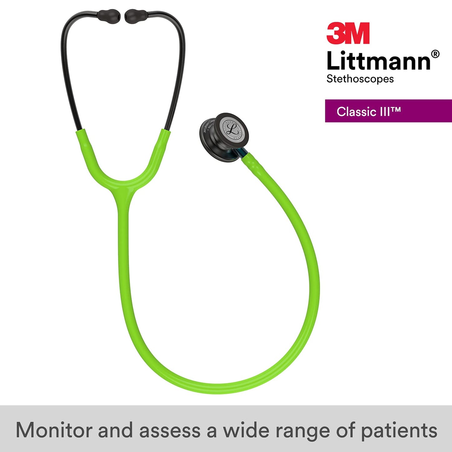3M™ Littmann® Classic III™ Monitoring Stethoscope, Smoke Chestpiece, Lime Green Tube, Blue Stem,5875