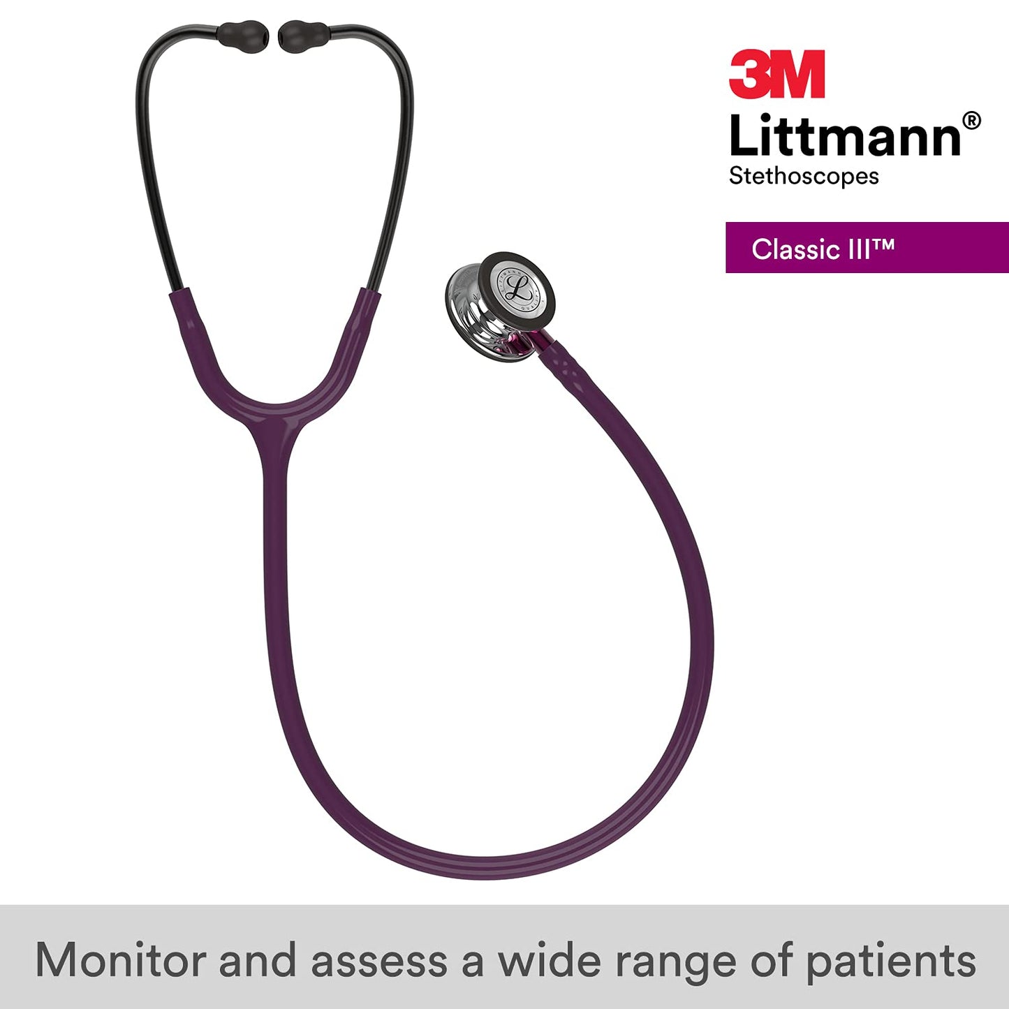 3M™ Littmann® Classic III™ Monitoring Stethoscope, Mirror Chestpiece, Plum Tube, Pink Stem and Smoke Headset, 27 in, 5960