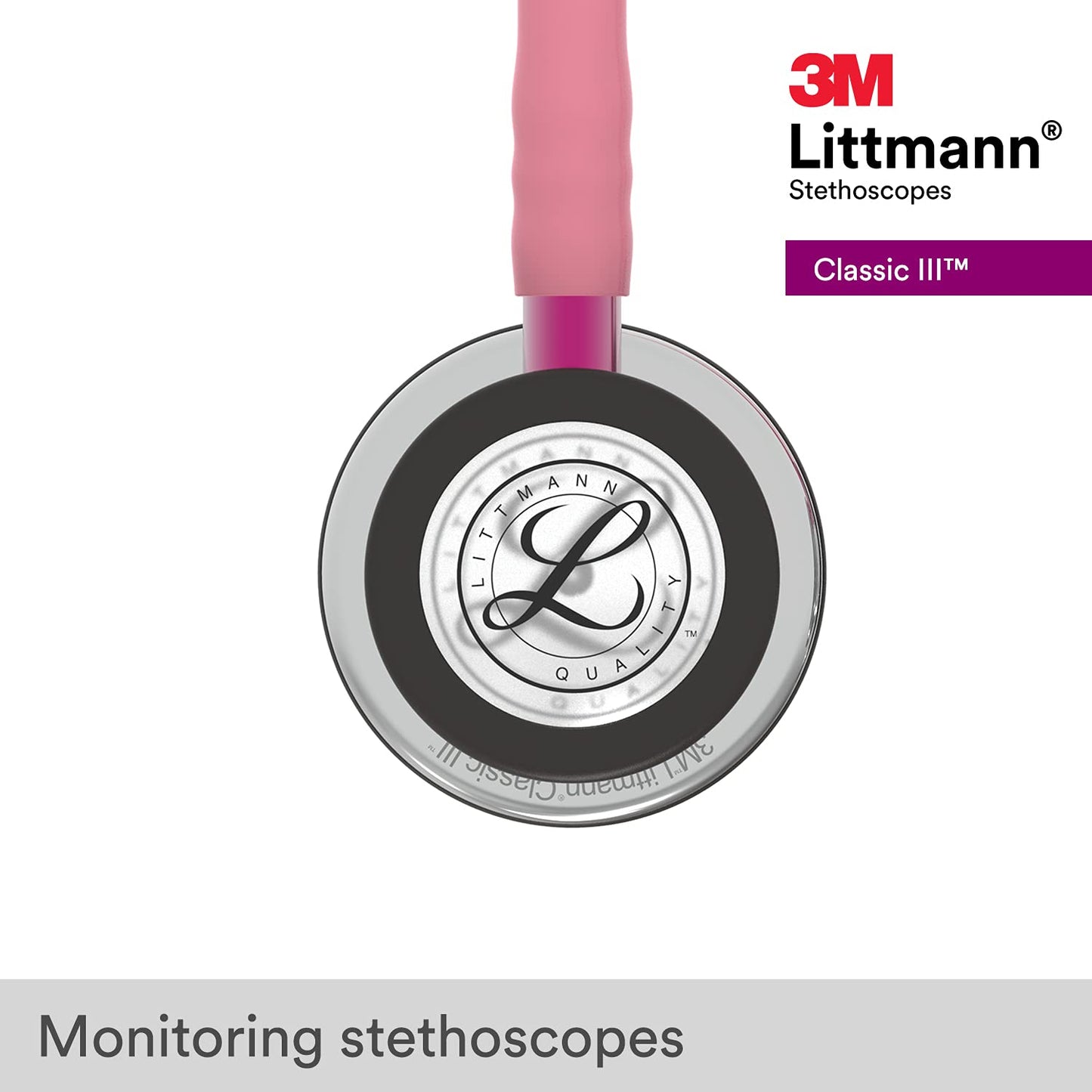 3M™ Littmann® Classic III™ Monitoring Stethoscope, Mirror Chestpiece, Pearl Pink Tube, Pink Stem and Smoke Headset, 27 in, 5962