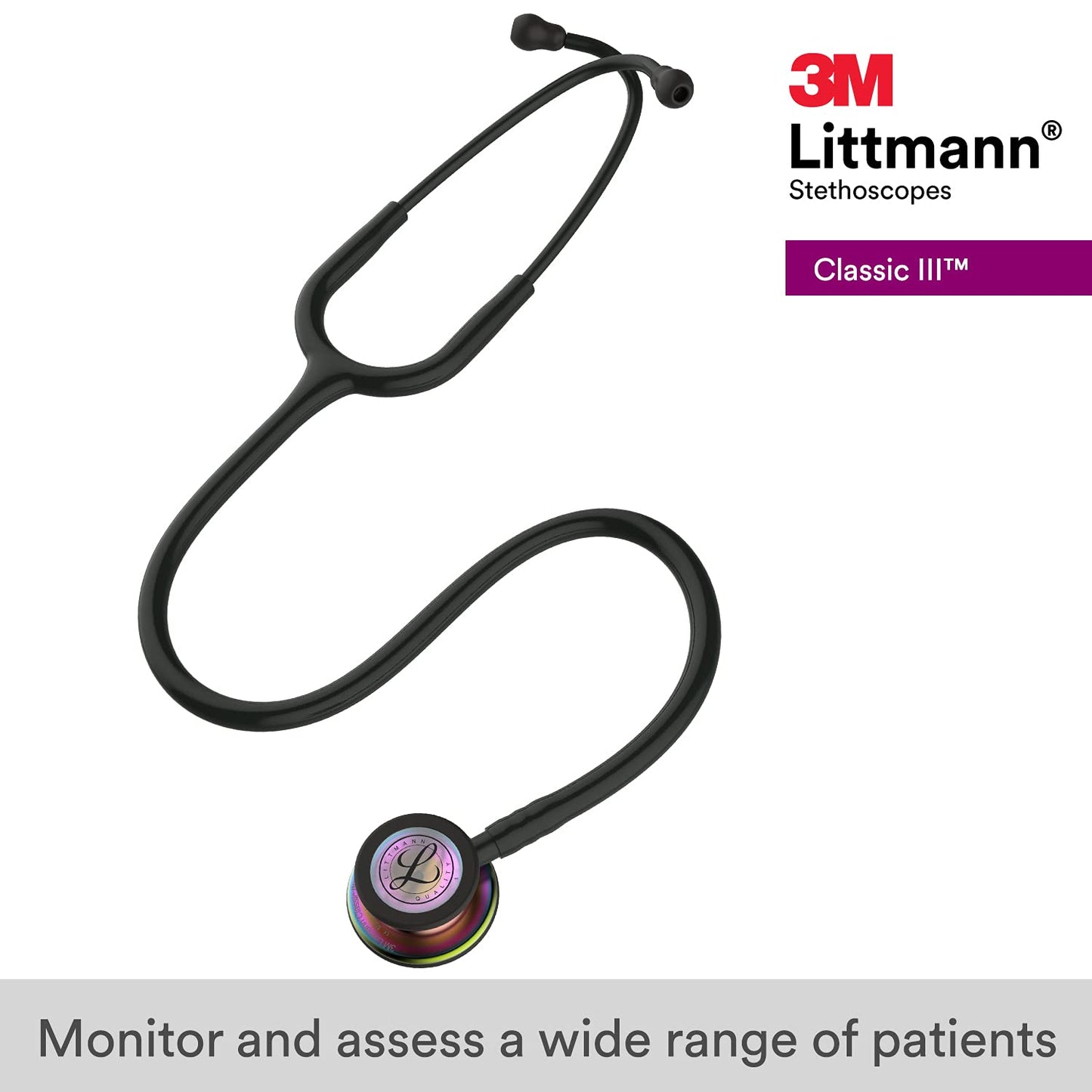 3M™ Littmann® Classic III™ Monitoring Stethoscope, Rainbow-Finish Chestpiece, black stem and headset, Black Tube,27 in,5870