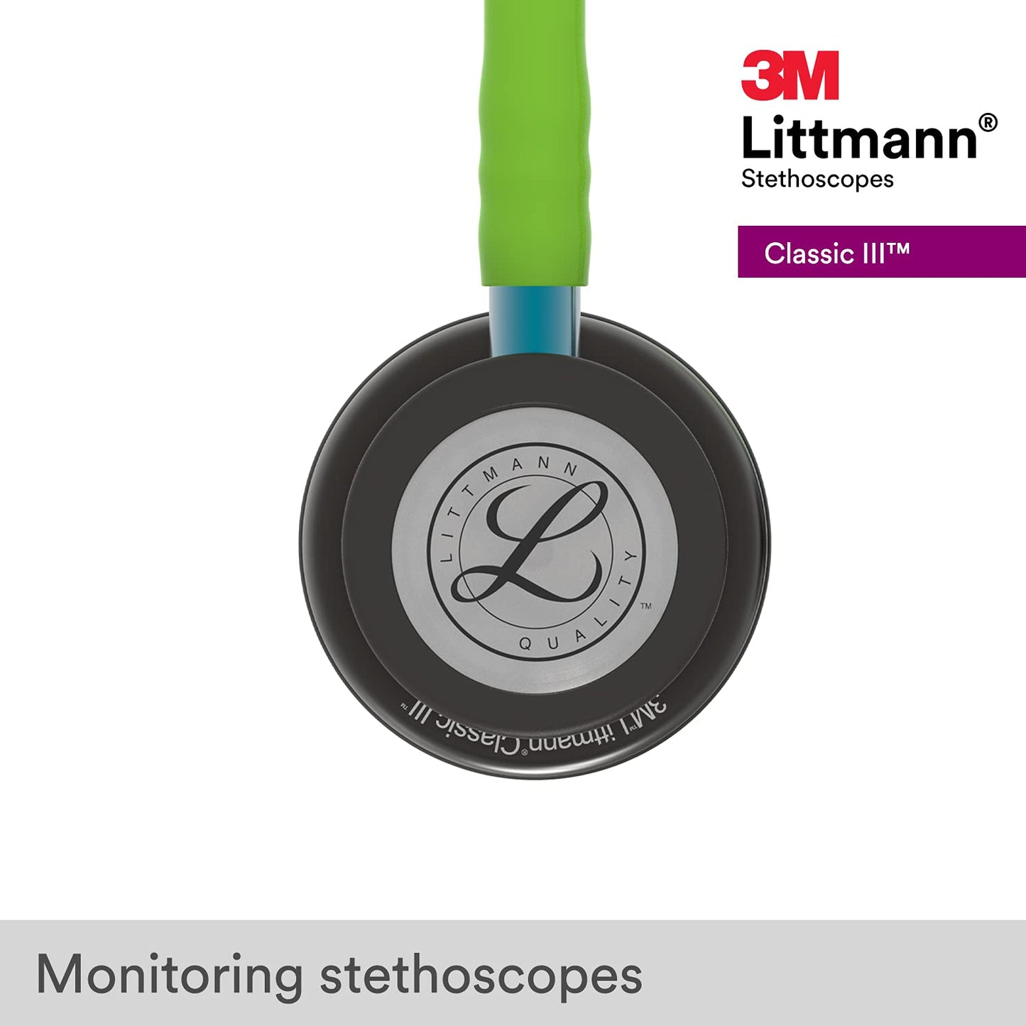 3M™ Littmann® Classic III™ Monitoring Stethoscope, Smoke Chestpiece, Lime Green Tube, Blue Stem,5875