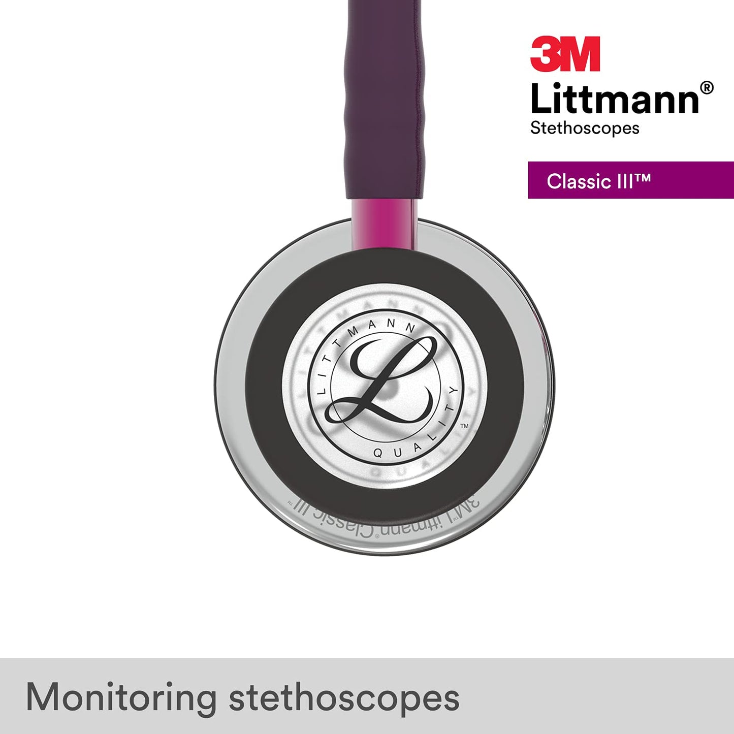 3M™ Littmann® Classic III™ Monitoring Stethoscope, Mirror Chestpiece, Plum Tube, Pink Stem and Smoke Headset, 27 in, 5960