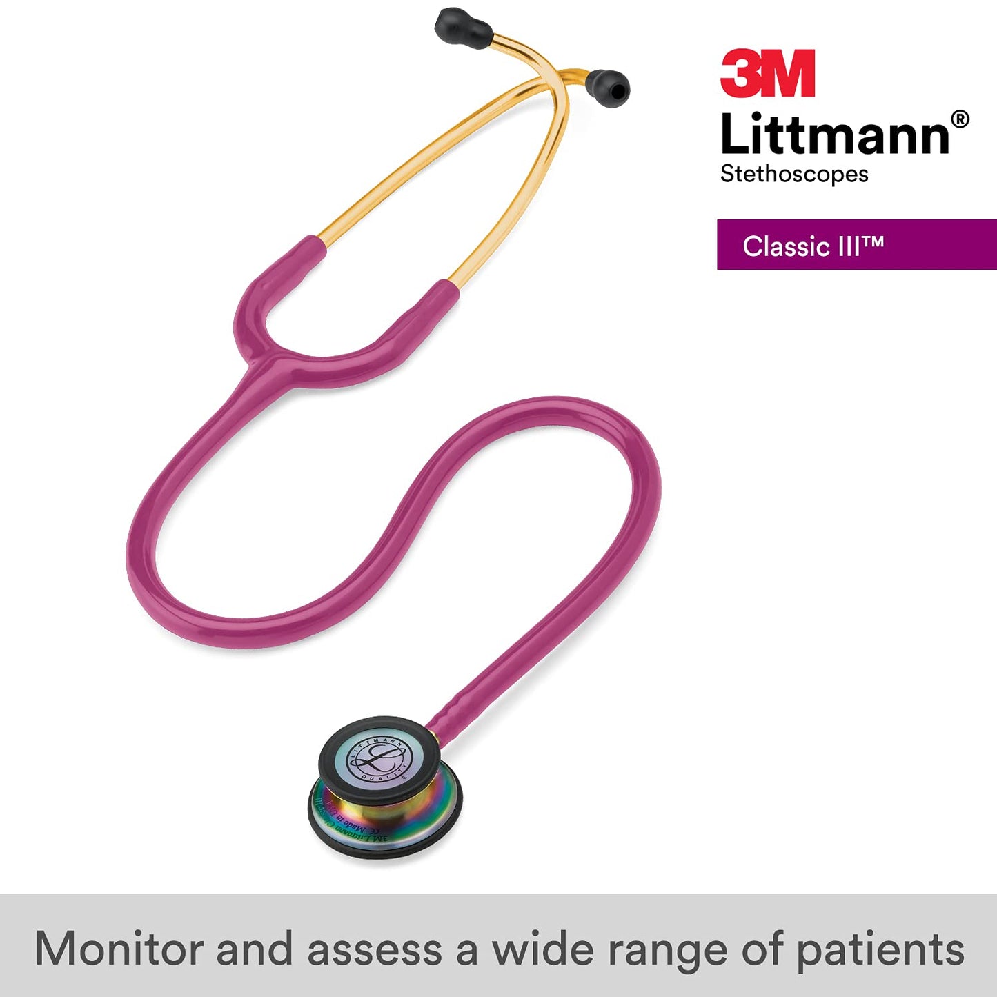 3M™ Littmann® Classic III™ Monitoring Stethoscope, Rainbow-Finish, Raspberry Tube, 27 in, 5806