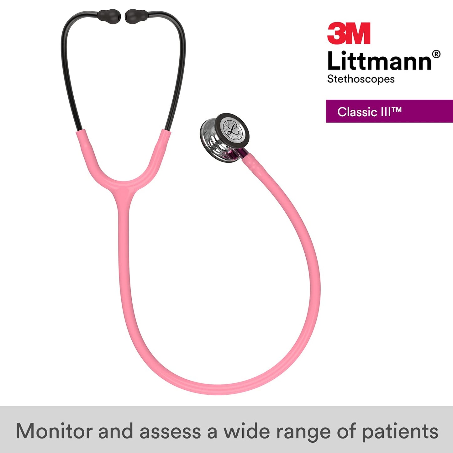 3M™ Littmann® Classic III™ Monitoring Stethoscope, Mirror Chestpiece, Pearl Pink Tube, Pink Stem and Smoke Headset, 27 in, 5962