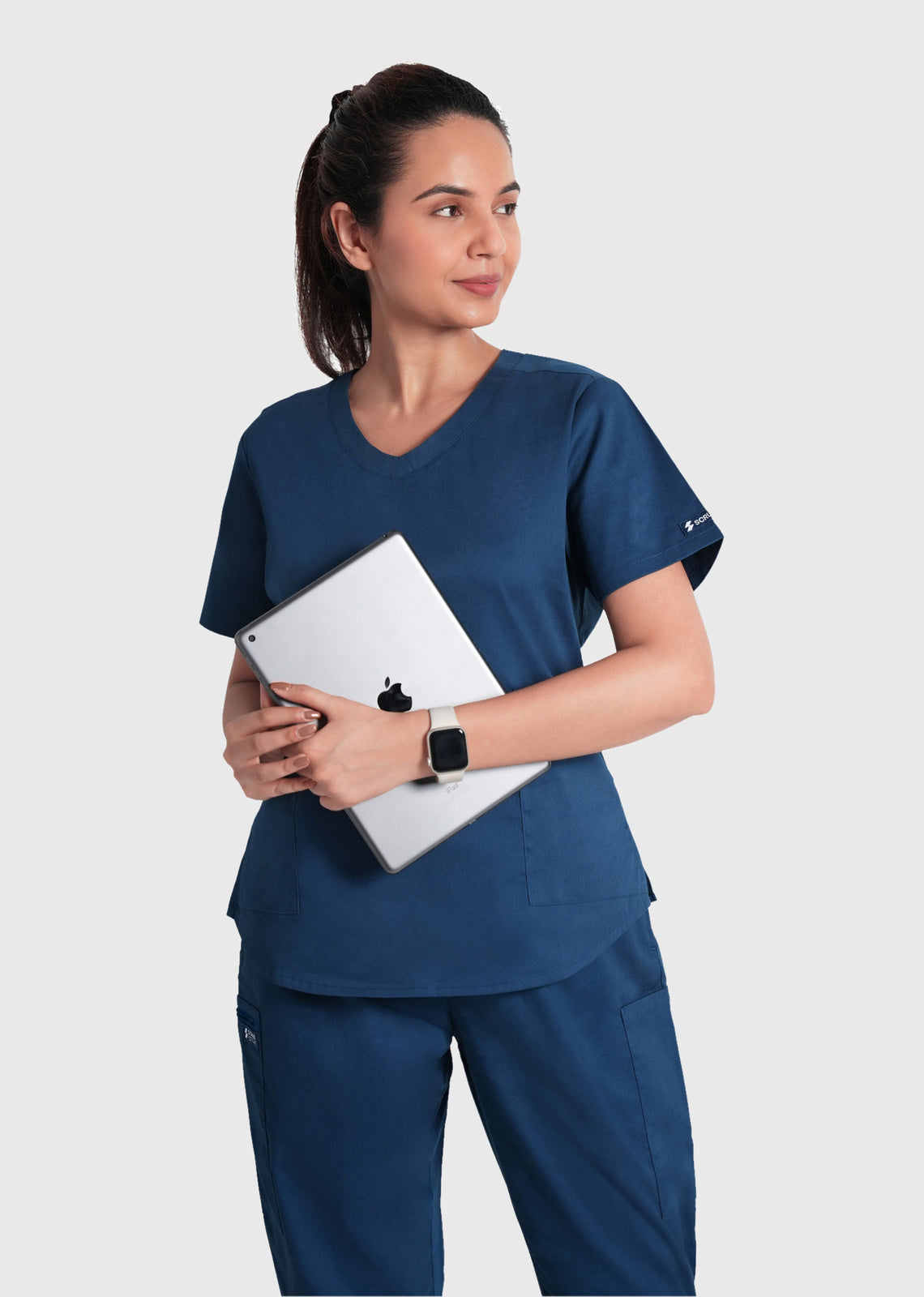 Scrub Set - Women's Cotton V Neck Top | Straight Pant | 6 Pockets#Color_Air Blue