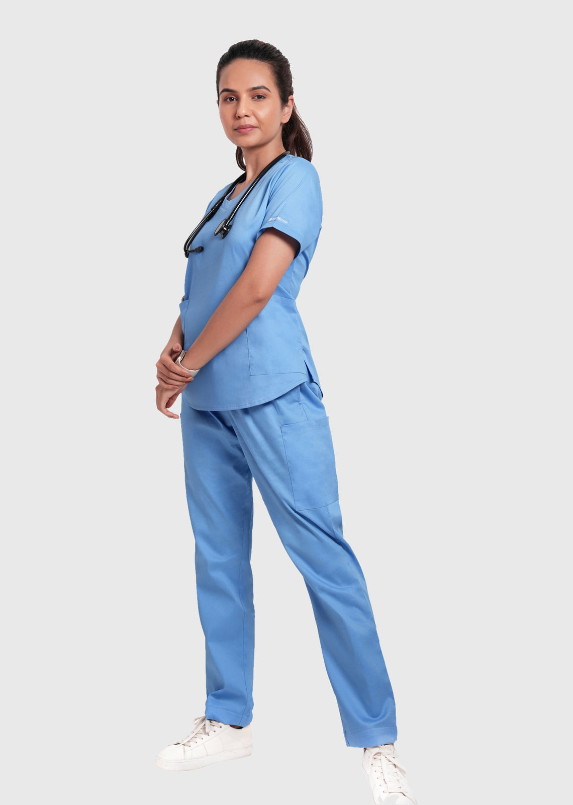 Scrub Set - Women's Cotton V Neck Top | Straight Pant | 6 Pockets#Color_Ceil Blue