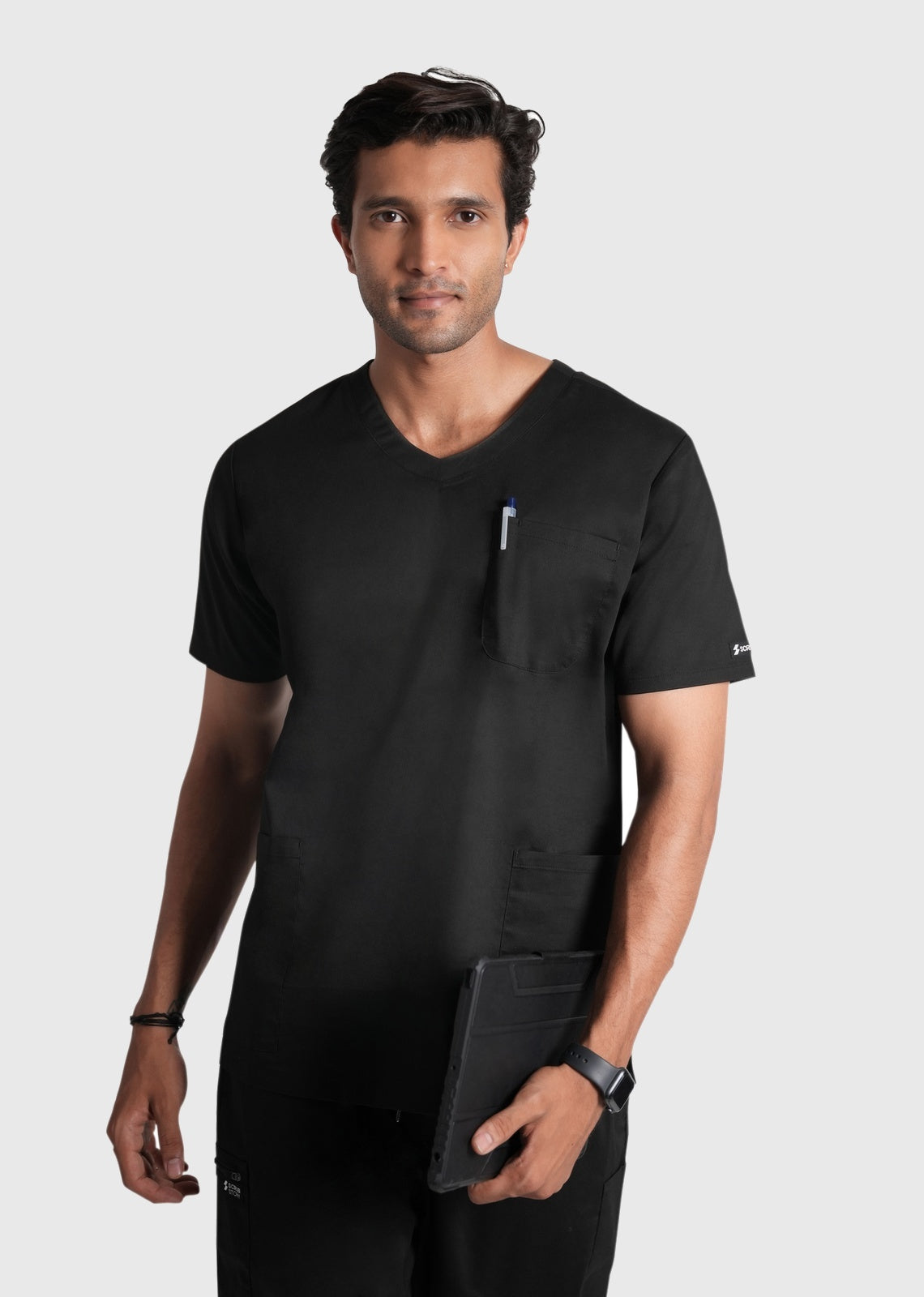 Scrub Set - Men's Cotton V Neck Top | Straight Pant | 7 Pocket#Color_Kohl Black