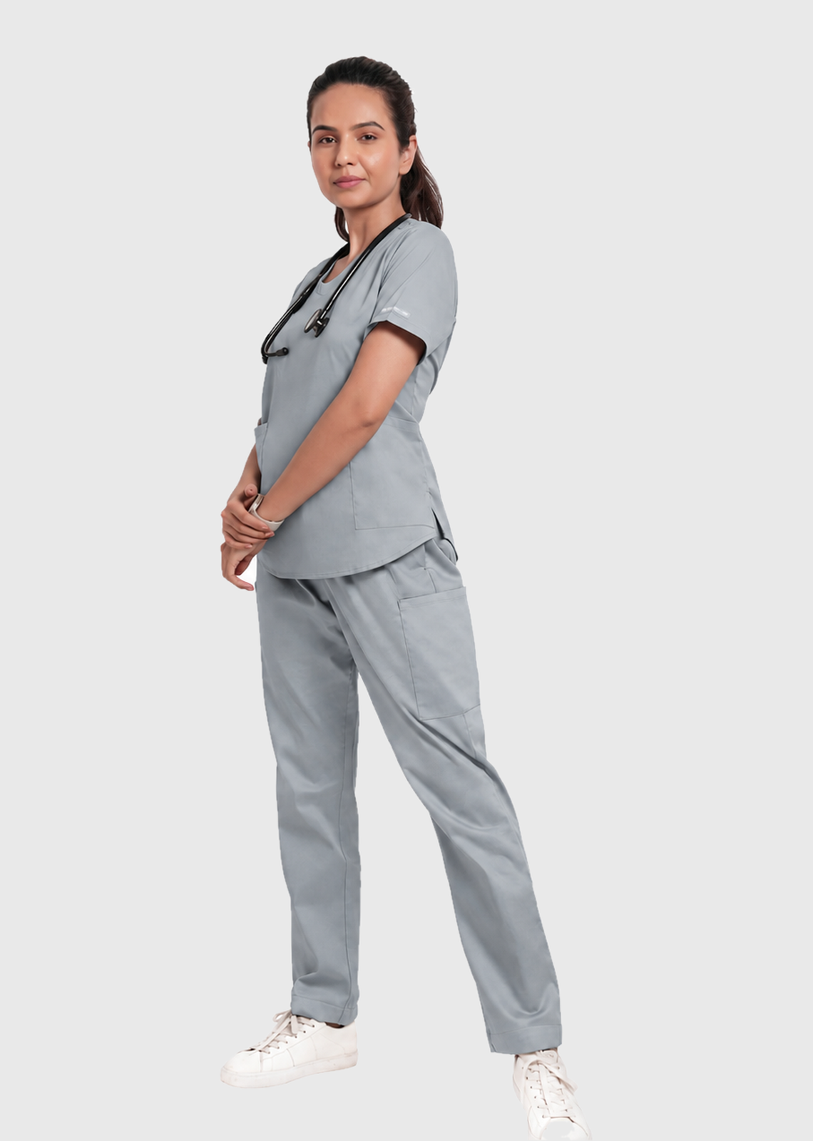 Scrub Set - Women's Cotton V Neck Top | Straight Pant | 6 Pockets#Color_Slate Grey