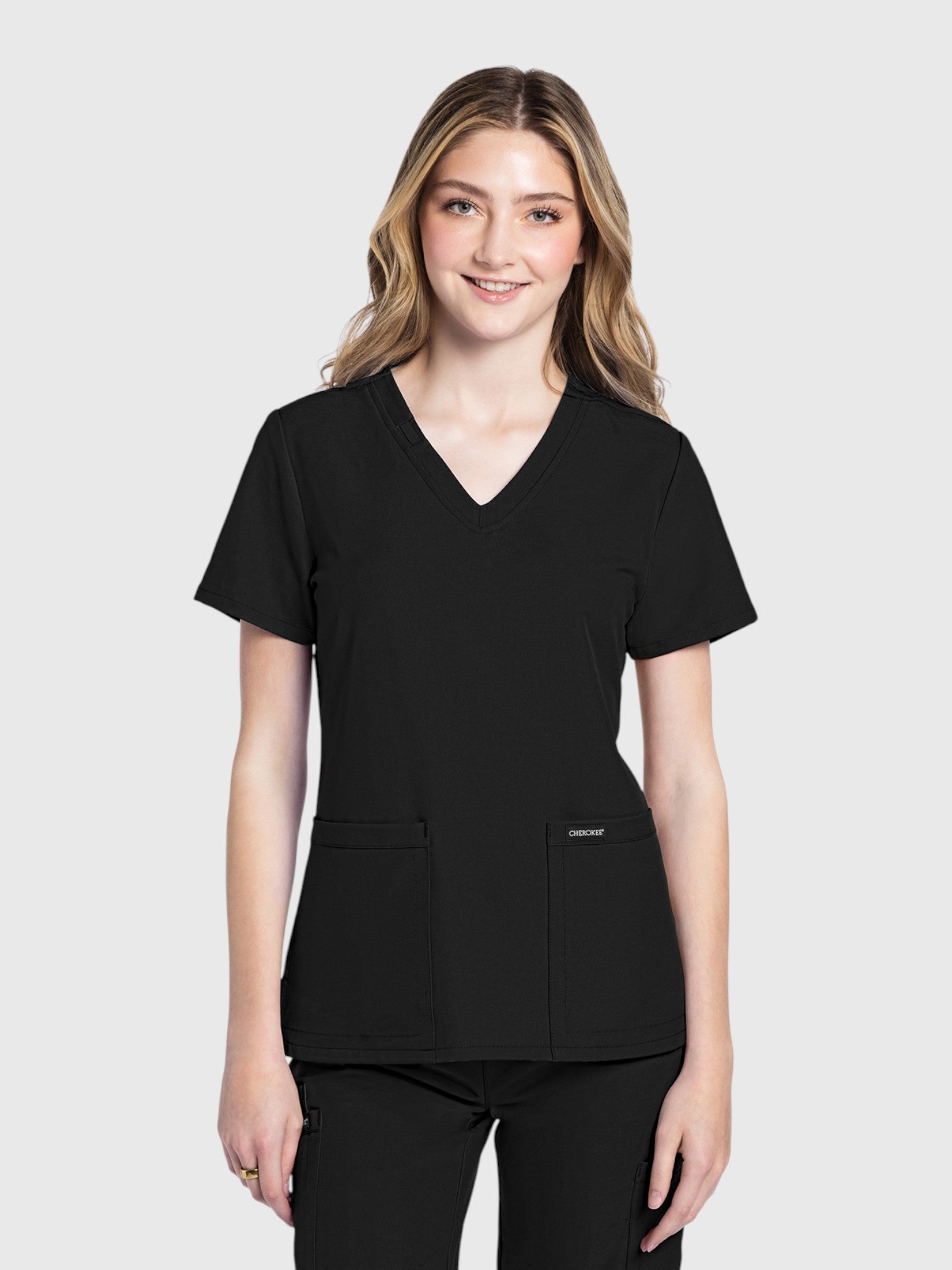 Modern V Neck 2 Pocket Women’s Scrub Top#Color_Black